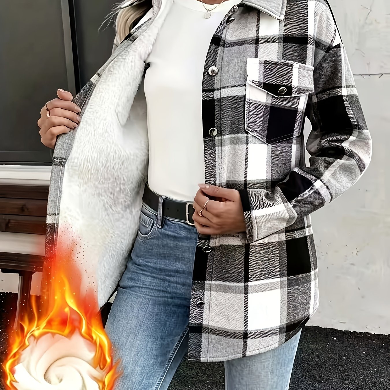 TEMU Elegant Women's Autumn/winter Printed -lined Warm Outerwear, Black Jacket, Winter, Autumn Jacket, Elegant Design, Warm Lining, Durable Material,
