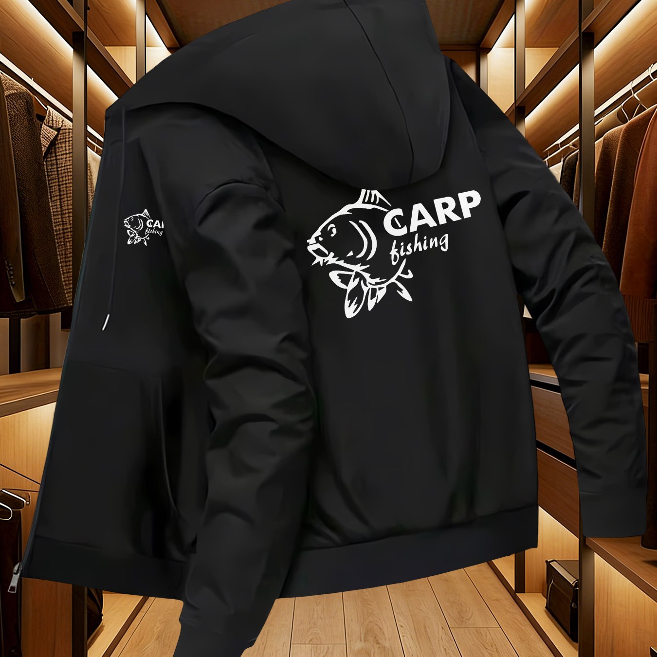 TEMU Men's Stylish Hooded Jacket With A Carp Fishing Print, Casual Outerwear Featuring Side Pockets And A Slim Fit, Suitable For Autumn And Winter