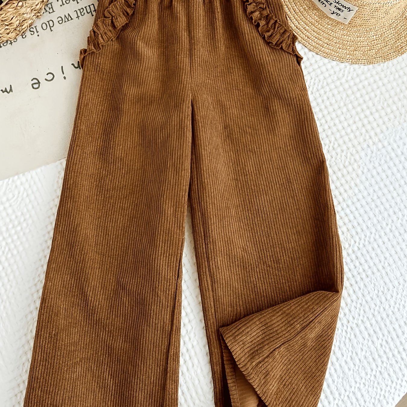 TEMU Pantalon Jambe Droite, Pantalon Long Large en Velours , Taille Élastique avec Détail de Volant, Style Décontracté et