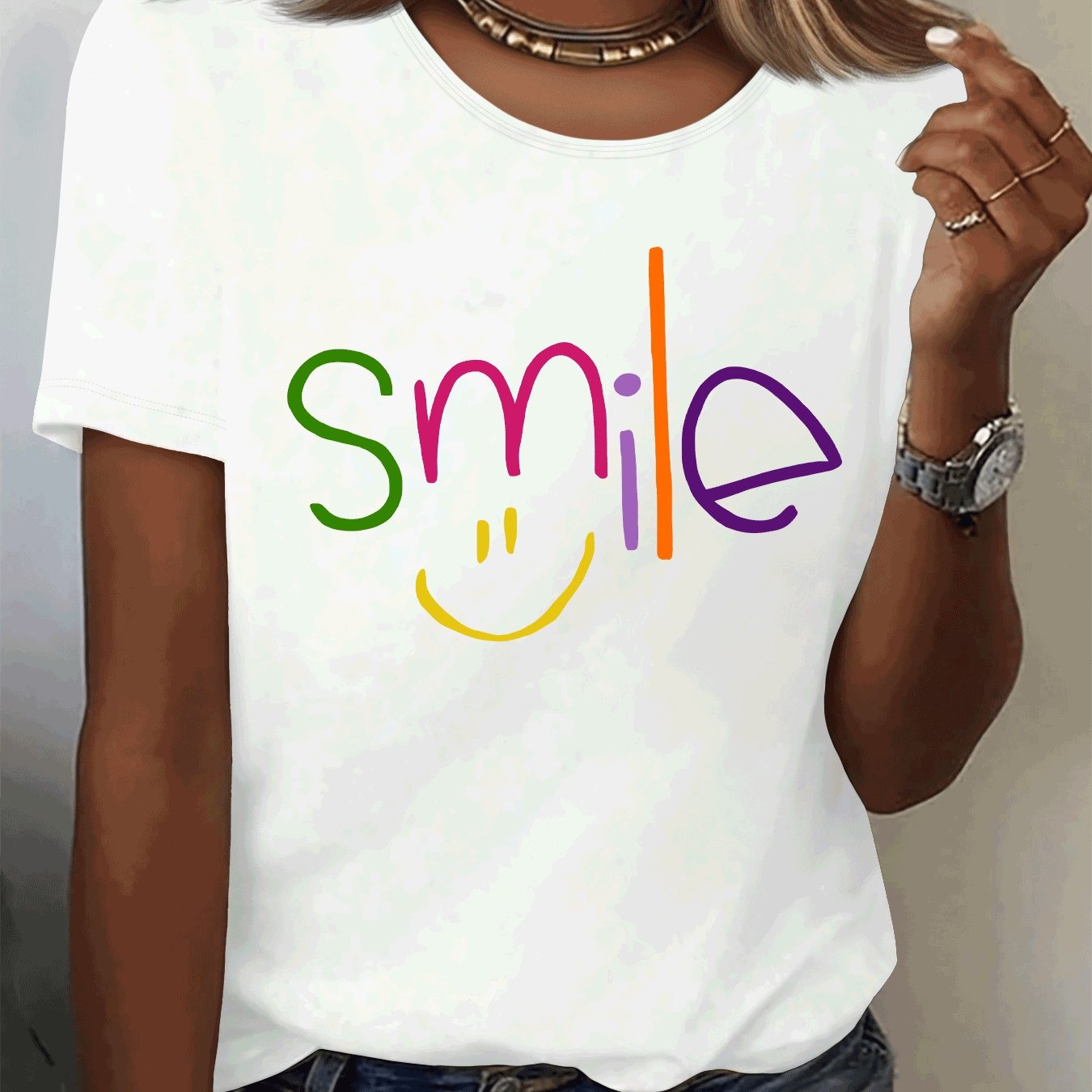 E-shop Buntes "Smile Face" Lässiges, sportliches Rundhals-Top mit kurzen Ärmeln für Zuhause