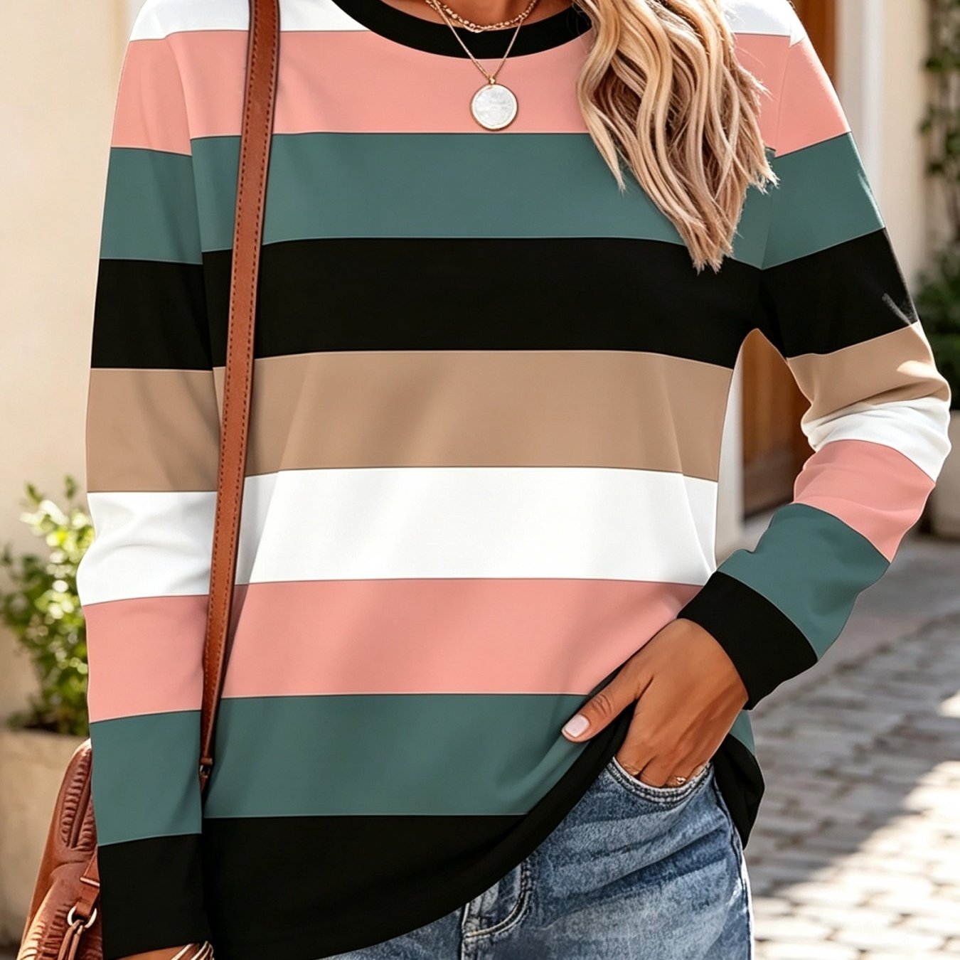 TEMU Women's Long Sleeve T-shirt, Retro Color-block Long Sleeve T-shirt, Pink Green -block Spring Autumn Casual Shopping Style