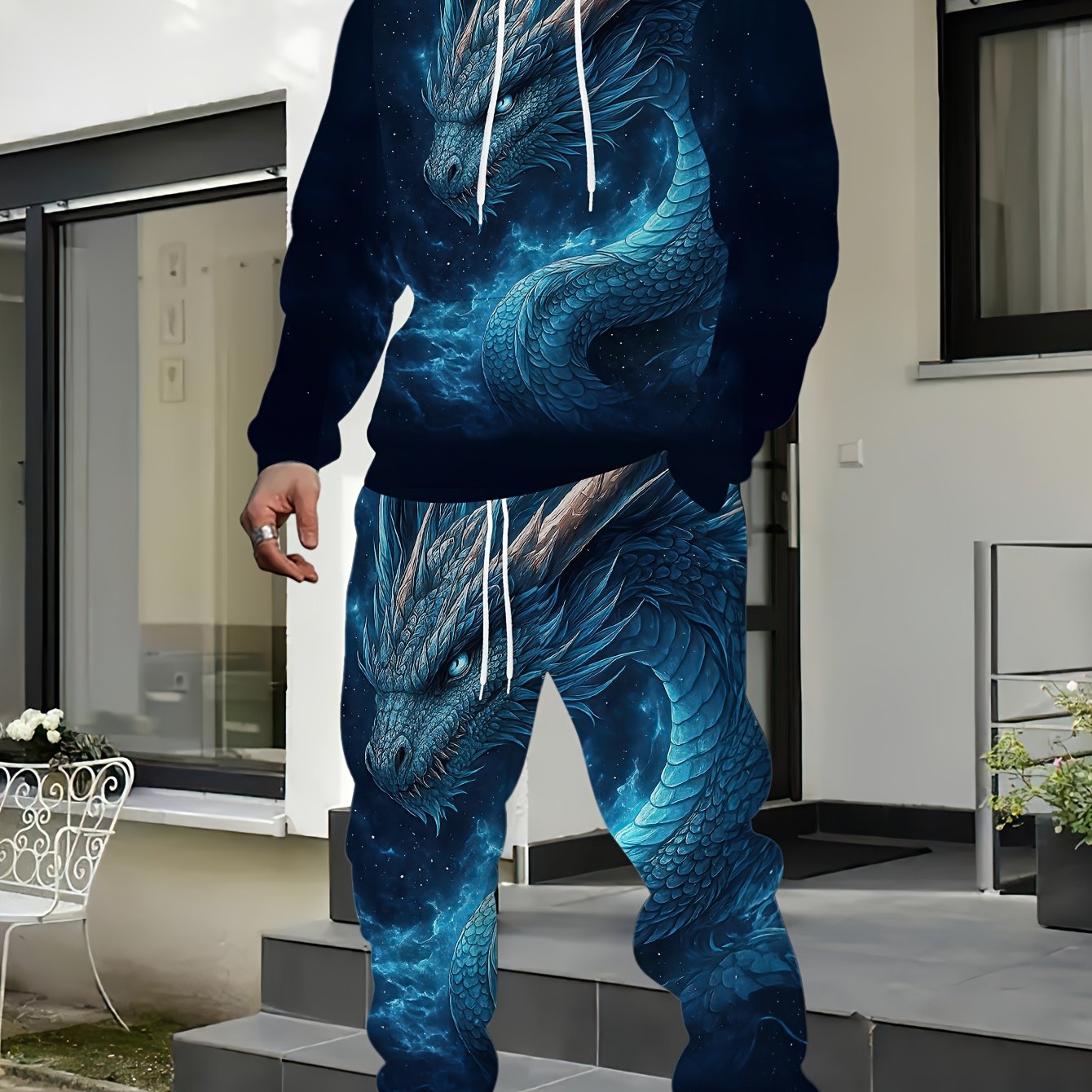 TEMU Blue Dragon Totem Print Hooded Sweatshirt Set, Casual Outdoor Sportswear Top   Pants Two-piece