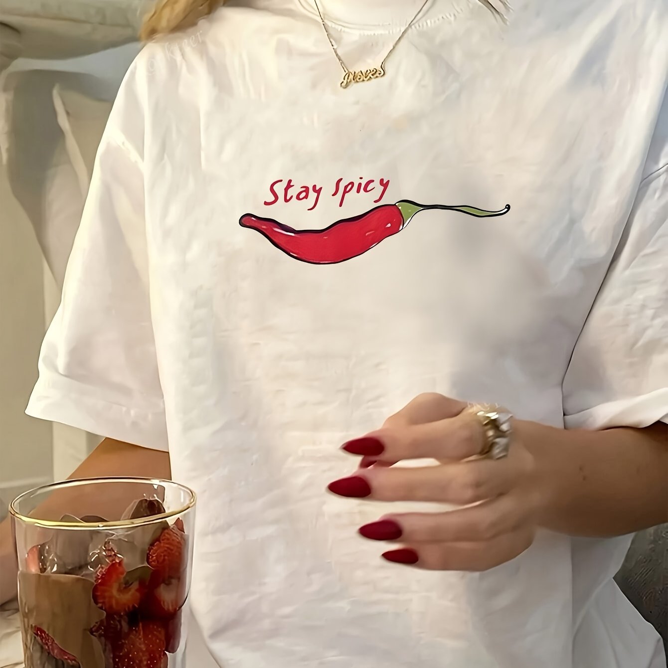 TEMU Women's Chili Pepper Print T-shirt - Summer Round Neck Casual Blouse Top With Chili, Machine Washable Non- Suitable For Summer Outfits, Parties,