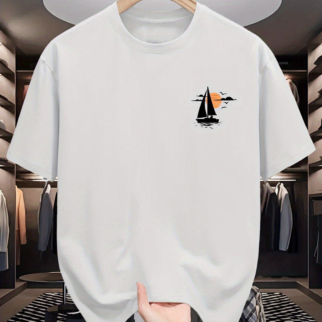 TEMU 0322 Sailing Boat & Sunset Graphic Men's Summer T-shirt - Casual Round Neck, Short Sleeve, Lightweight & Stretchy, Outfits, Casual Summer Top |