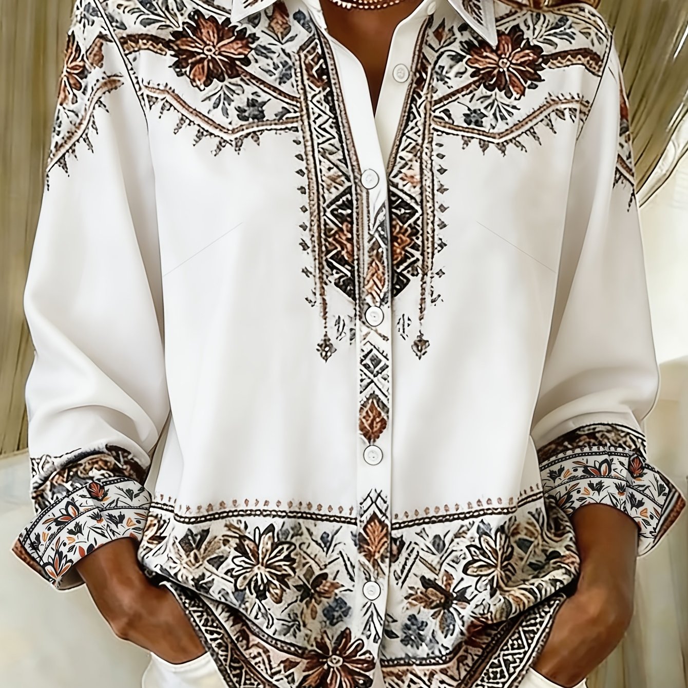 TEMU Plus Size - Plus Size - Retro Baroque Floral Print Women's Plus Size Button-up Long Sleeve Blouse Open Front Top