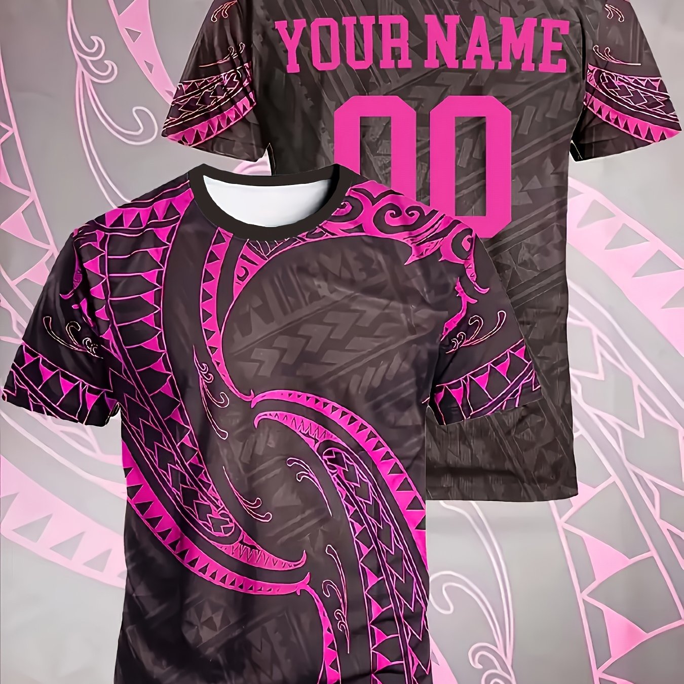 TEMU Custom Men's Summer Soccer Jersey T-shirt, Apparel, Tribal Pattern Full Design, Customizable Name, Text, And Number, Suitable For Team Sports,