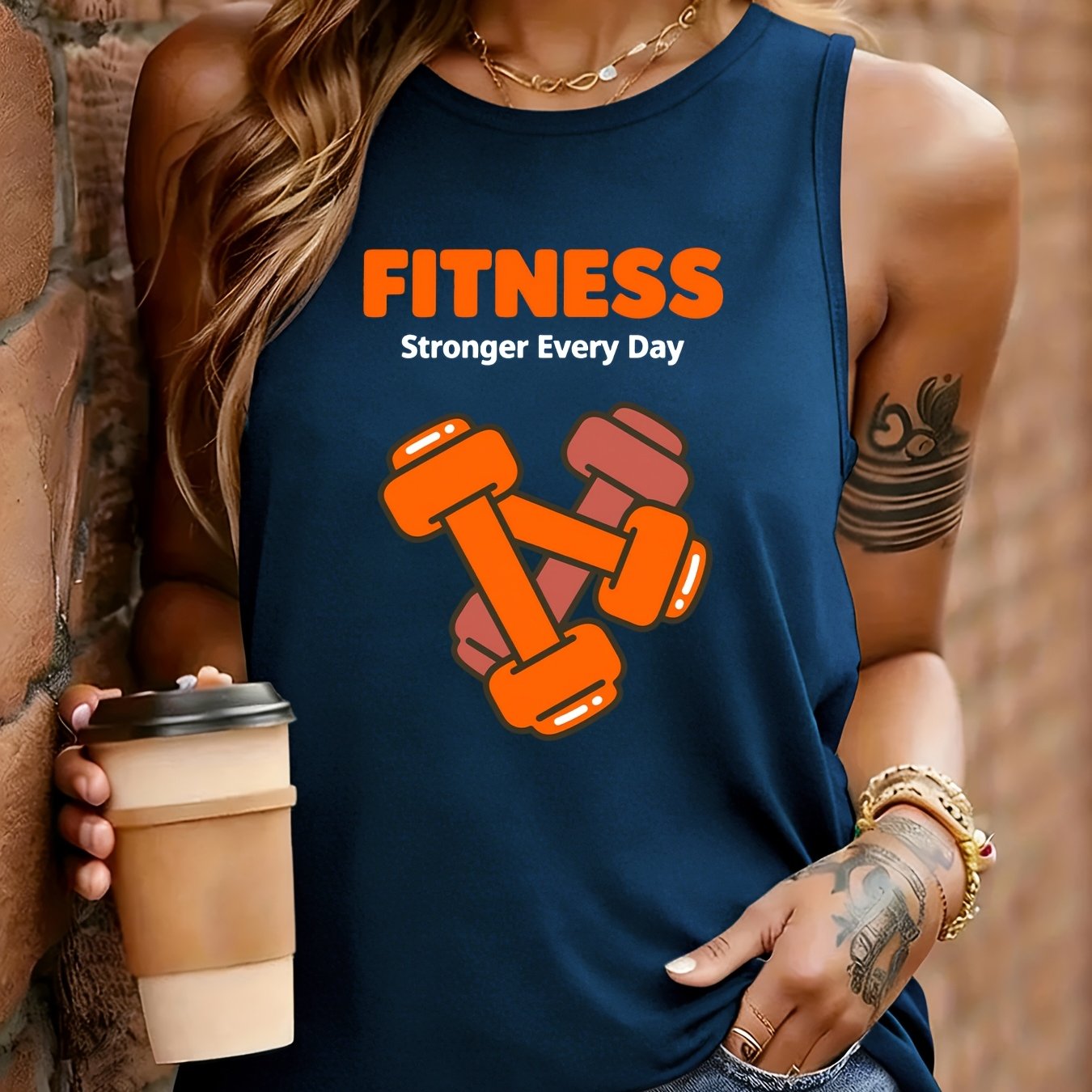 TEMU 1pc | Casual | Women's Round Neck Sleeveless Tank Top, , "fitness Stronger" Print, Essential For Workout Wear