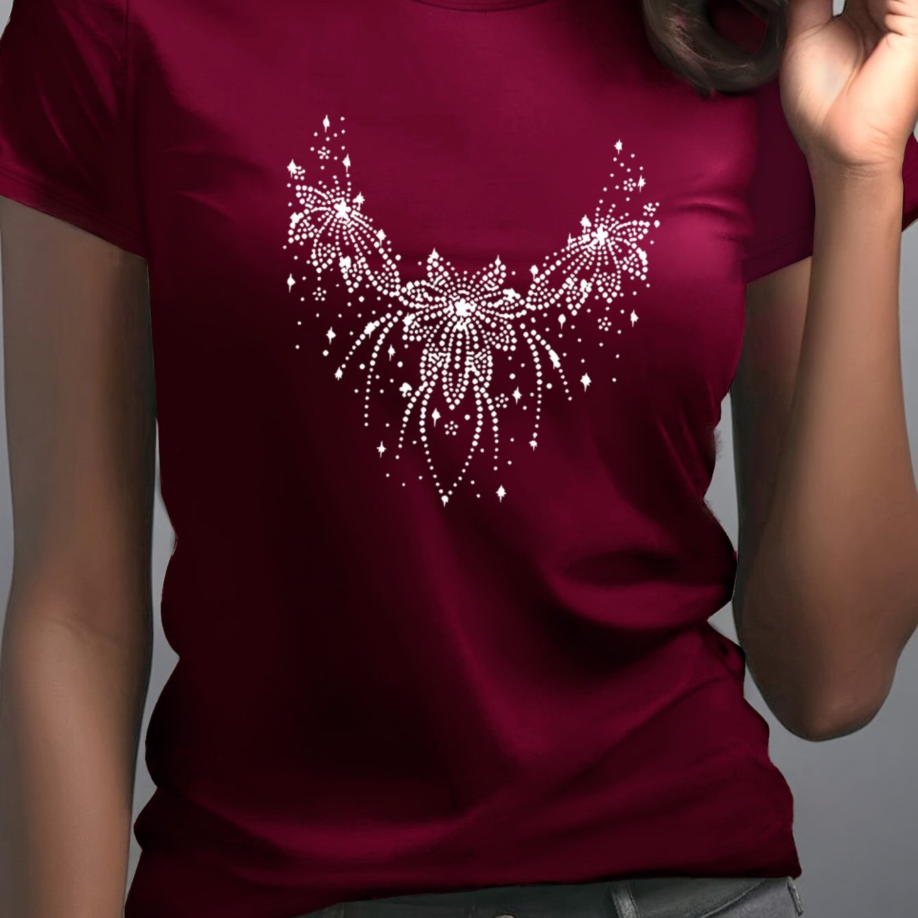 TEMU Women's Elegant Printed T-shirt - Summer Fashion, Stylish Design, Comfortable And Breathable, Round Neck Tee For Women, Soft Material, Ideal For