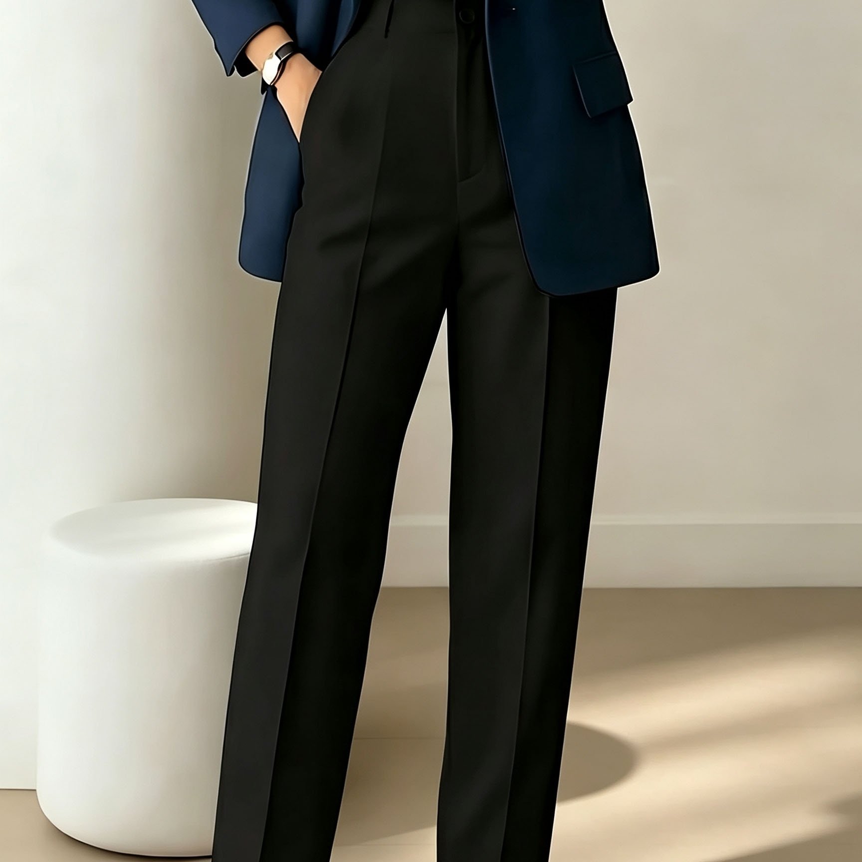 TEMU Women's Trousers, High-waisted With Button-tacked Flap Pockets, Zippered Side Pockets, And Straight-leg Cut. Solid-color, Fashionable, Casual,