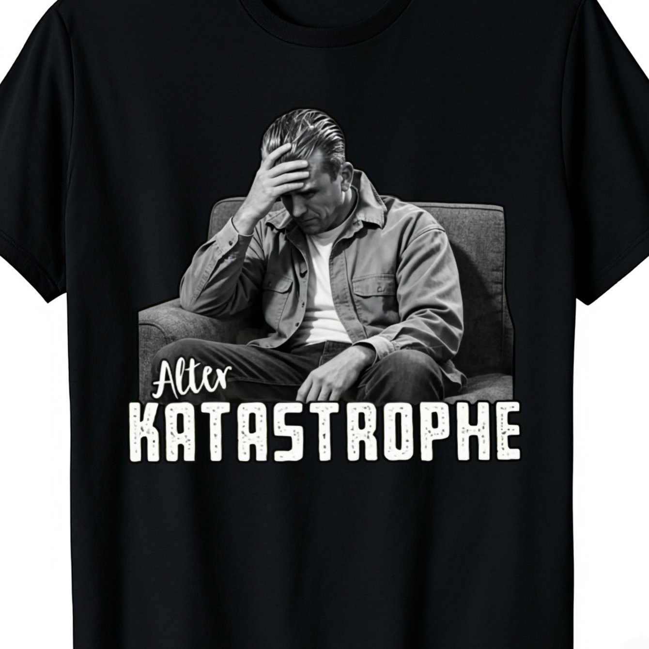 For Man With Hand On Head And Text Alter Katastrophe Black Casual T Shirt Short Sleeve Tee