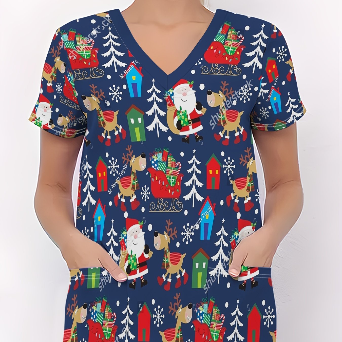 TEMU Plus Size, Christmas Plus Size Women's Nurse Uniform T-shirt With Dark Blue Christmas Pattern Background, Featuring Santa Claus, Reindeer, Gift