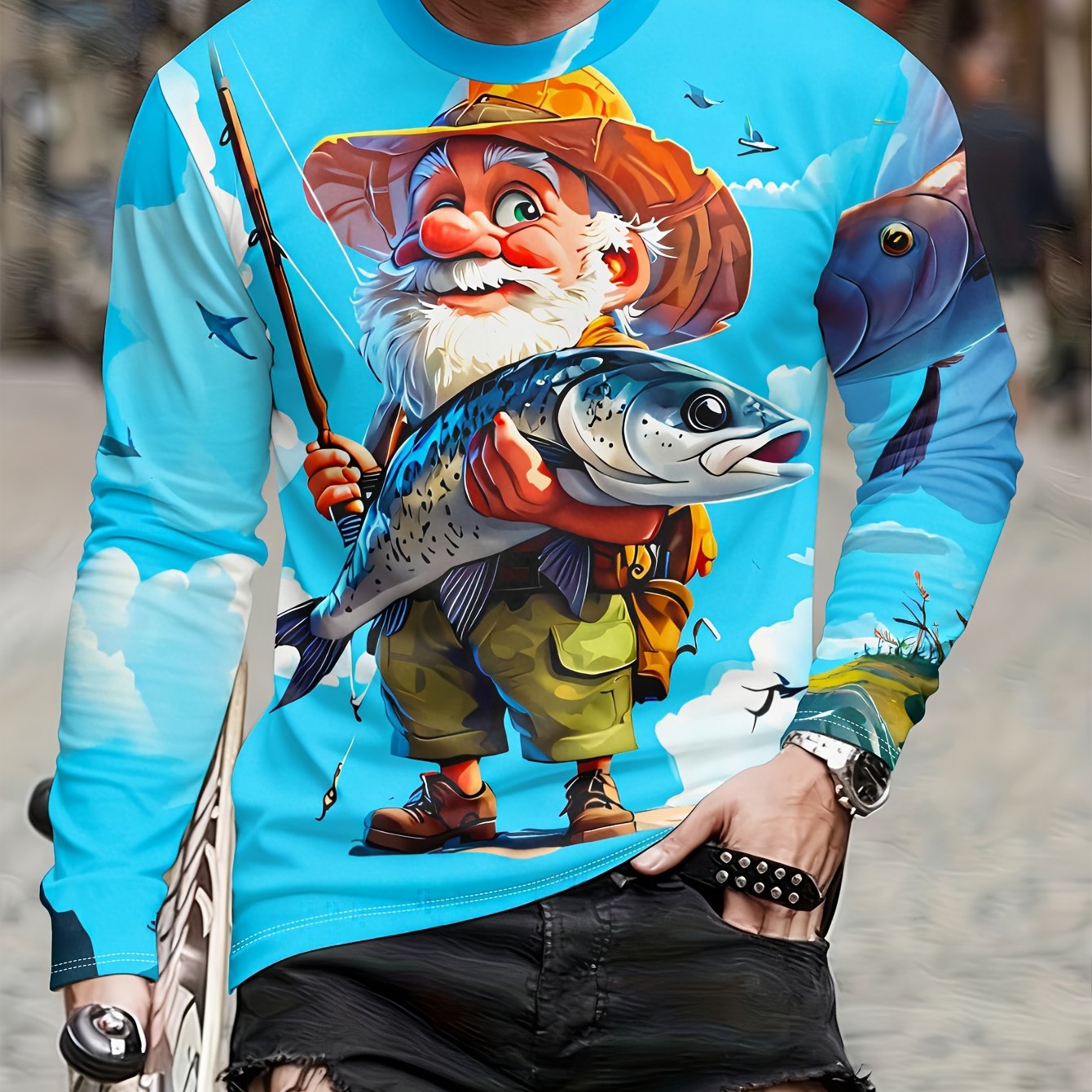 TEMU Men's Casual Long-sleeve T-shirt With Hood, Featuring A White-bearded Old For Man Holding A Large Fish And Fishing Rod, , Machine Washable, For