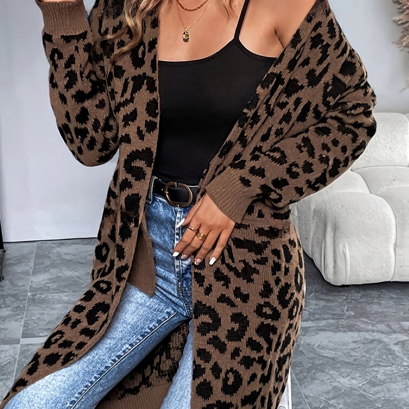 Image of Tengong Pool Elegant Style Women's Autumn Winter Leopard Print Elegant Casual Cardigan