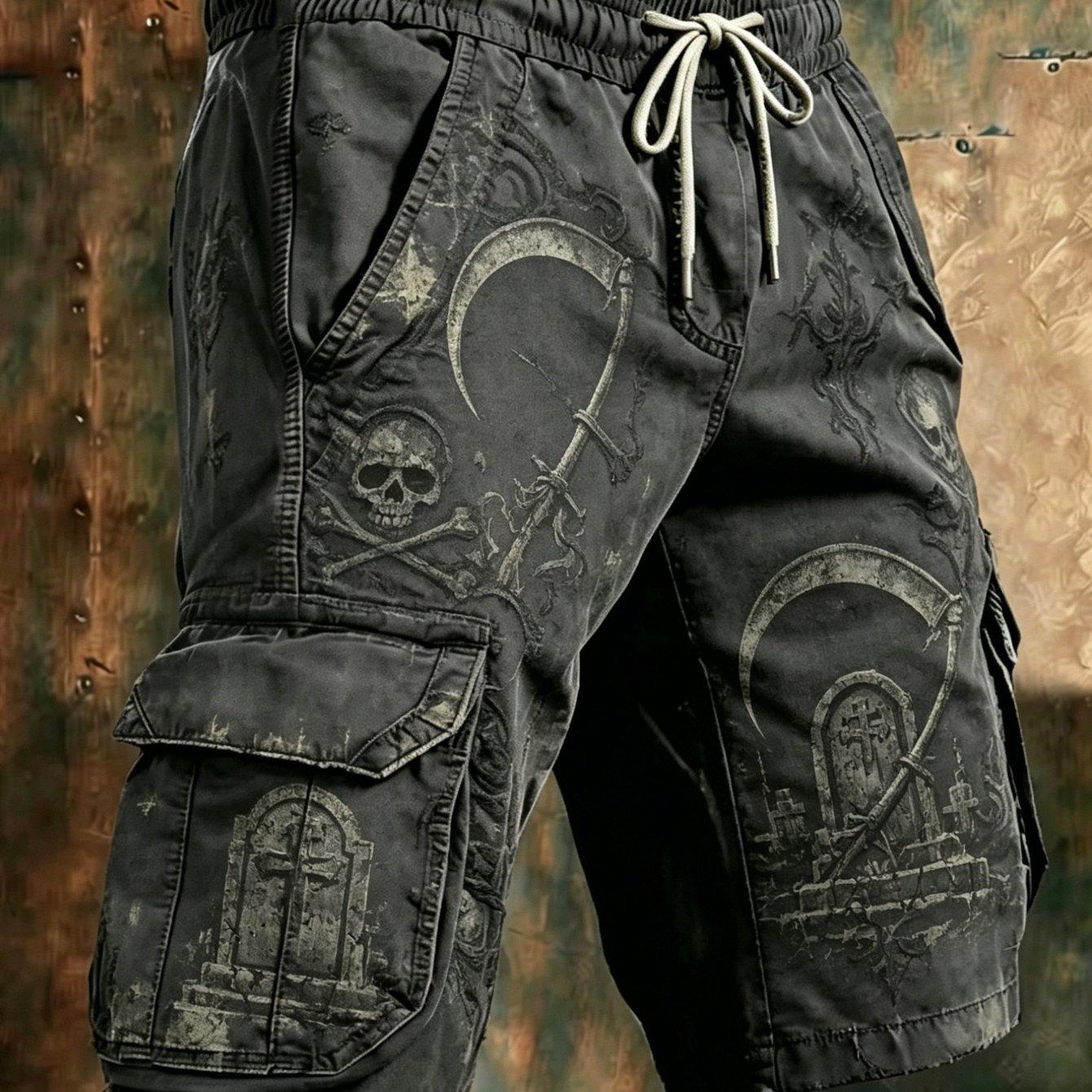 Image of Men's Summer Dark Retro Skull, , And Tombstone Cargo Shorts, Streetwear Outdoor Casual Loose Drawstring Multi-