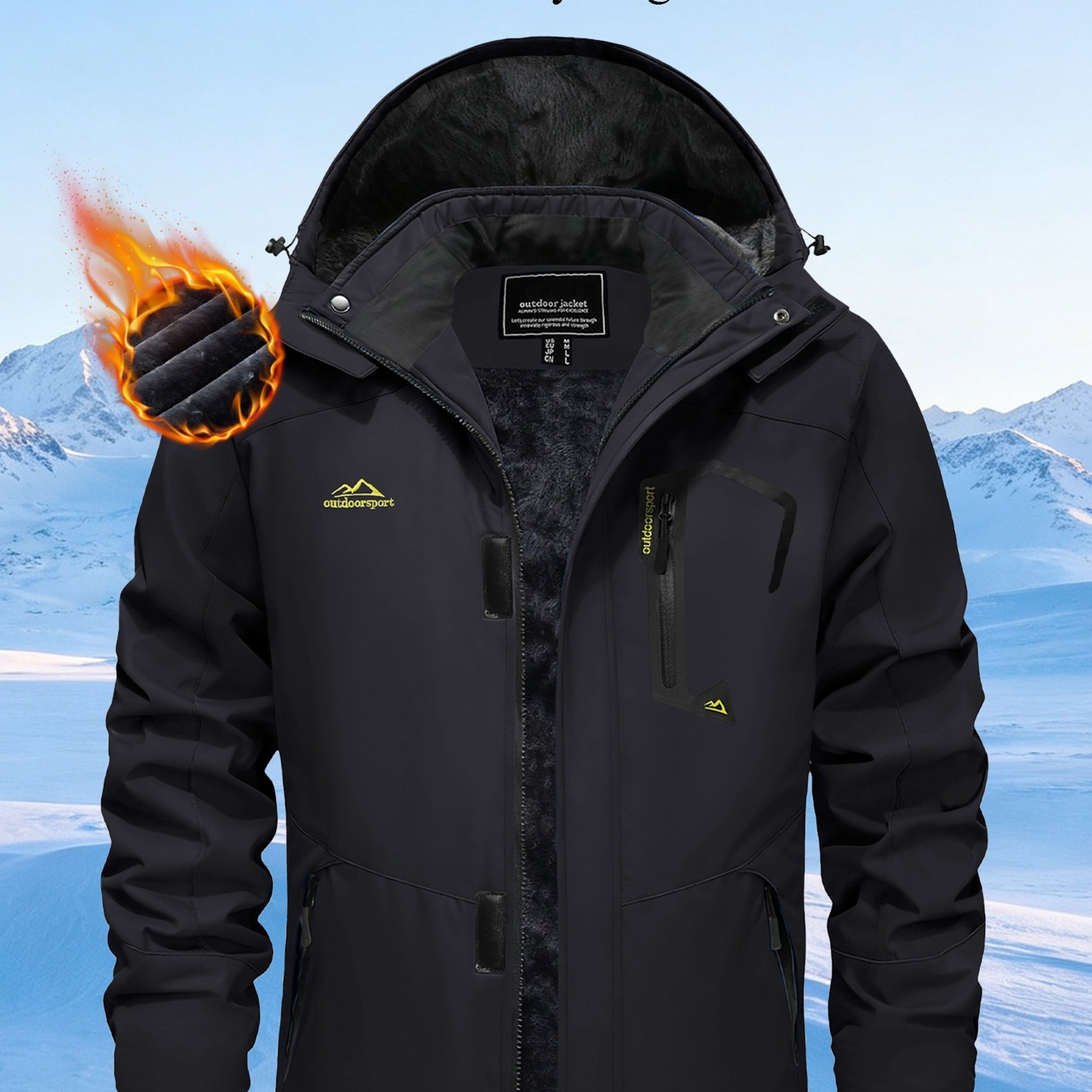 Image of Men's Winter Ski Jacket Fleece Lining Thick Multi-functional Pocket Adjustable Cuffs Detachable Hood Open With Full-length Zipper Outdoor Hiking Camping Fishing Ice Skating Daily Casual Wear Snow Coat