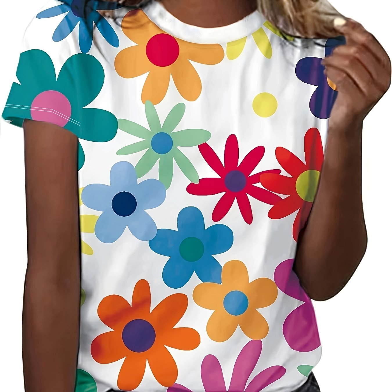 E-shop Damen-Mode Neuheit Frühling/Sommer, Vintage-künstlerischer Stil, Blumendruck, Rundhals, Kurzarm, lockere Passform, lässiges Unterzieh-T-Shirt,