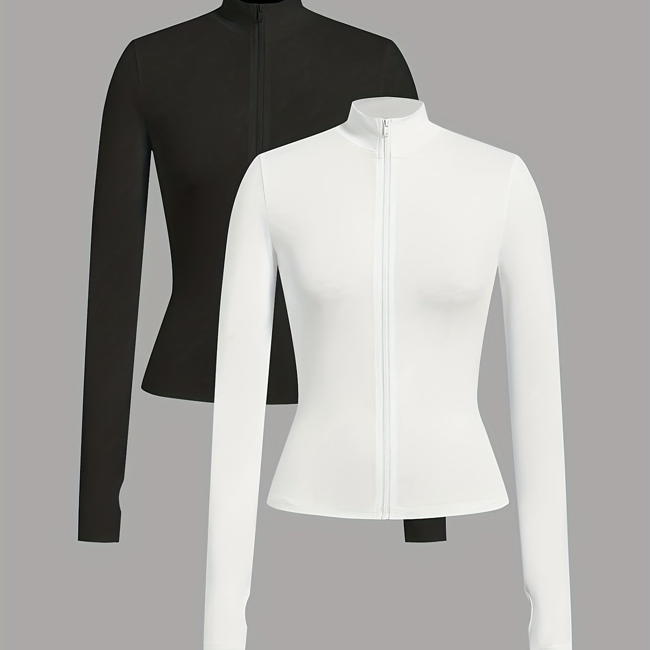 E-shop 2er-Set, Damen Langarm-T-Shirt mit Stehkragen, Reißverschluss, schlanke Passform, einfarbig, schlichtes Freizeit-Top für Herbst/Winter