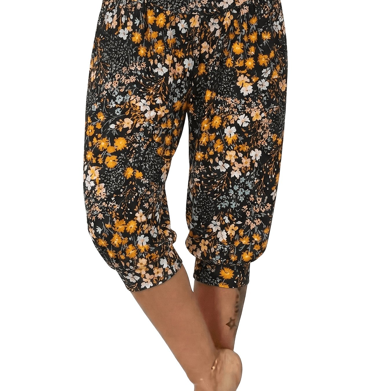 TEMU 1pc Women's Harem Capri Pants - Soft Stretchy Botanical Print Capri Length (7/) Trousers, Non-sheer Suitable For Yoga, Jogging, Casual Wear,