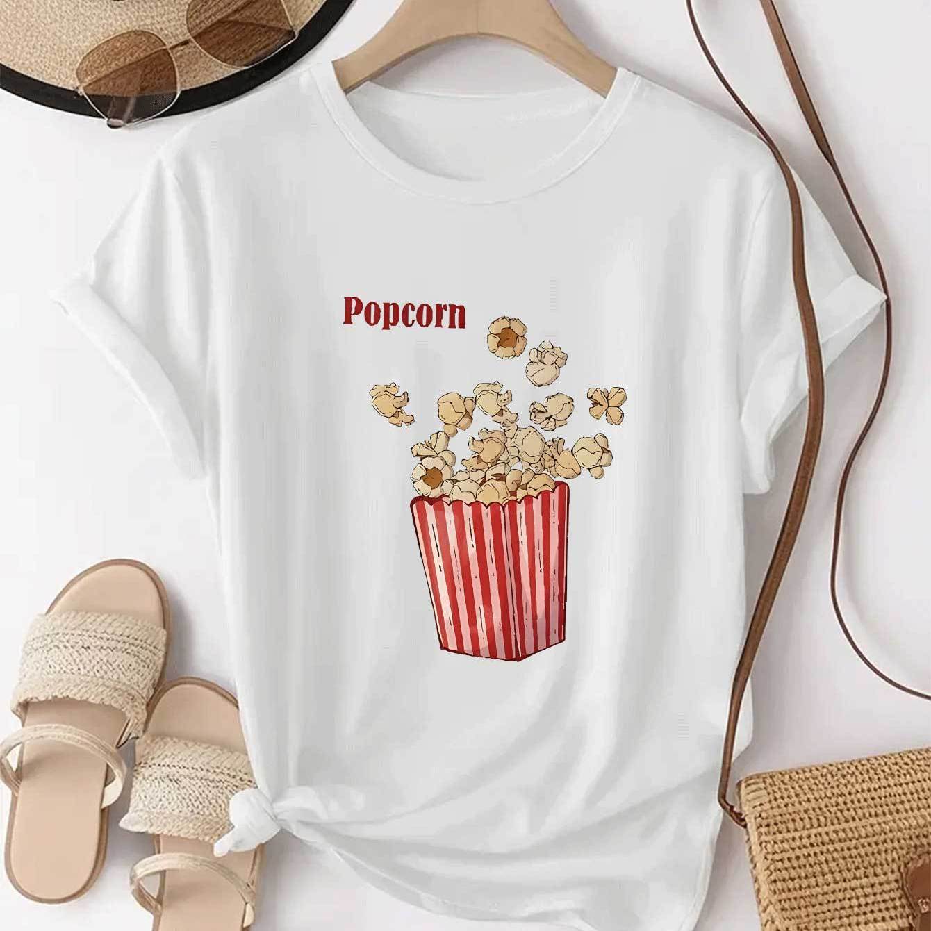TEMU Popcorn T-Shirt für Damen mit einzigartigem Cartoon-Muster, lässiges, kurzärmeliges, dehnbares Oberteil