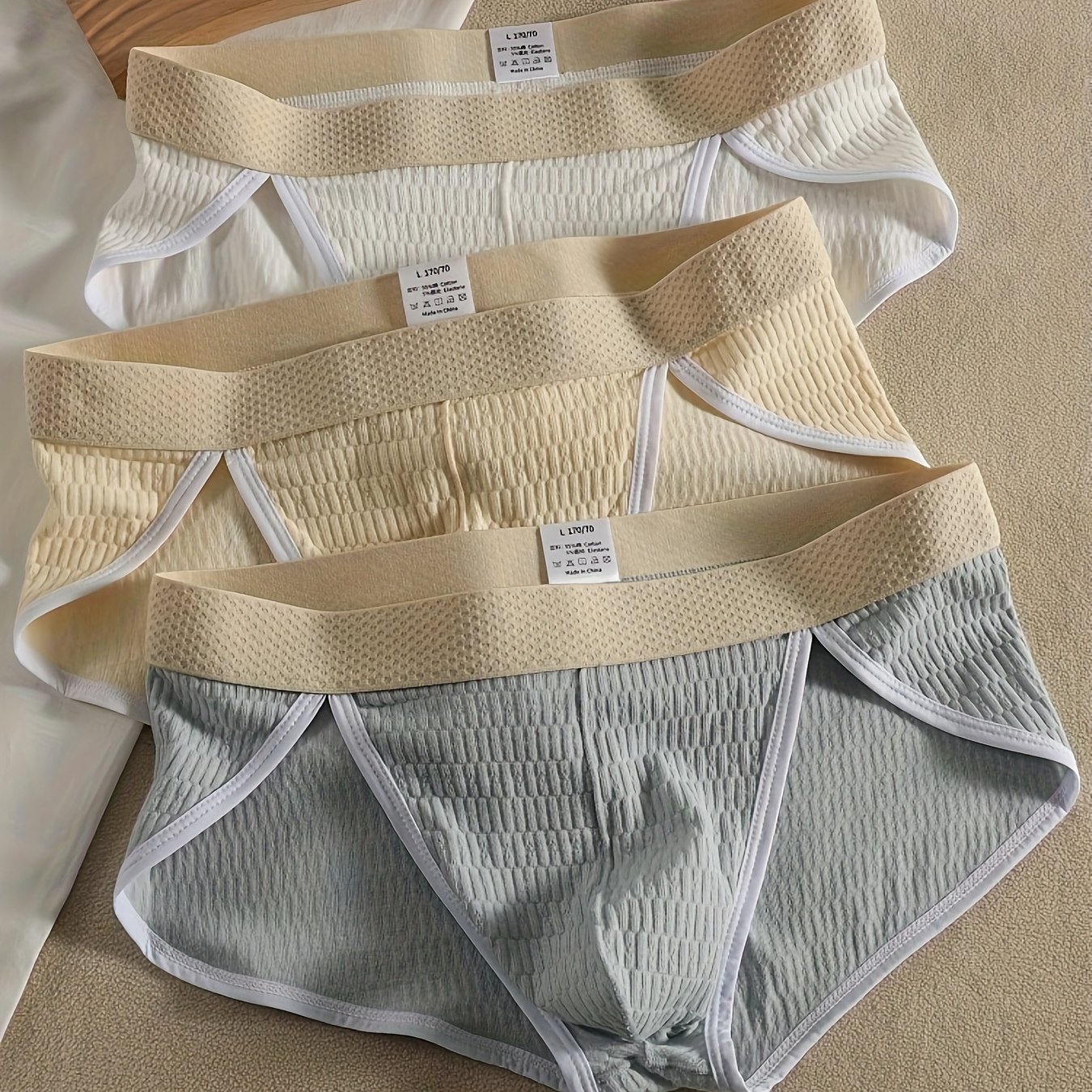 Image of 3pcs New Threaded Breathable Men's Underwear With Wide Waistband, Solid Color Men's Briefs With U-shaped Large Pouch, Comfortable For Sports, Casual, And