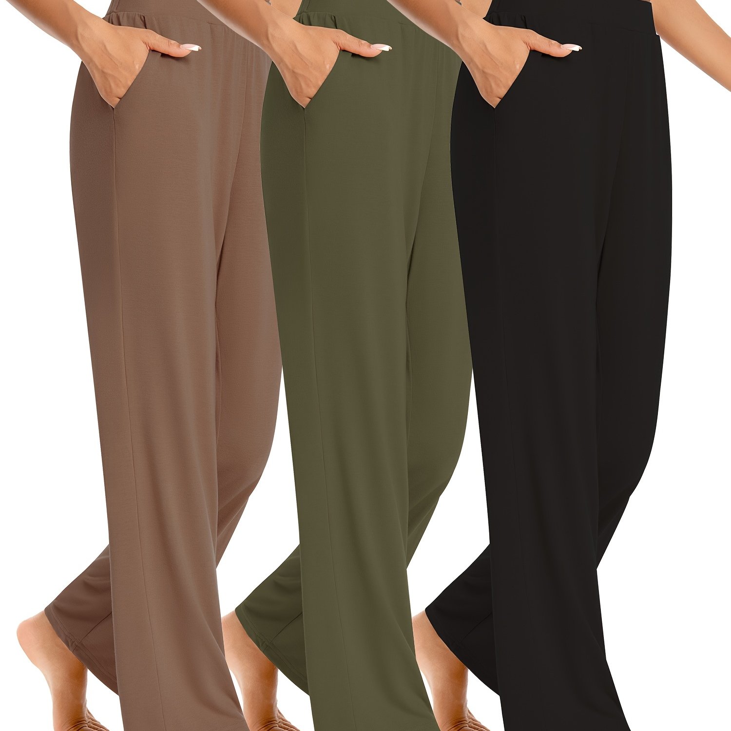 TEMU Women's High Waist Wide Leg Sports Pants 3 Pack, Yoga Casual Pants Loose And Slim, Jogging Pants Outdoor With Pockets