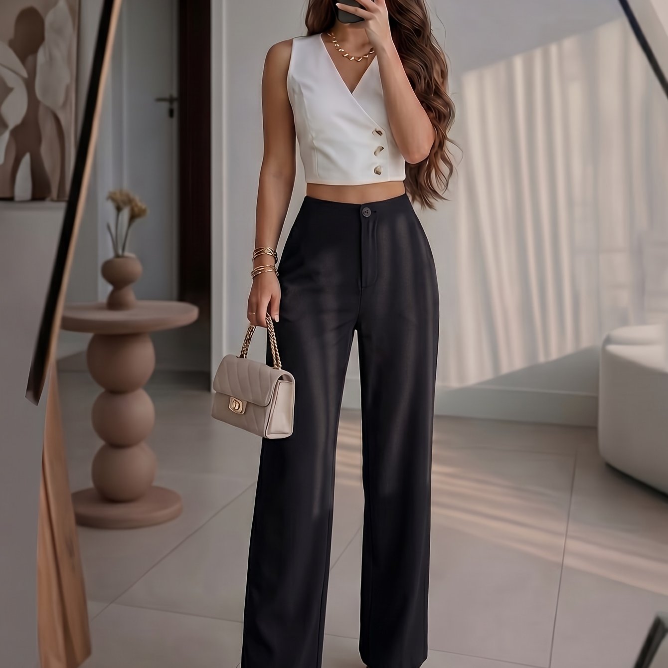 TEMU Petite Friendly Wide Leg Pants, High Waisted Draped Straight Trousers With Lengthening Leg Effect, Suit Trousers