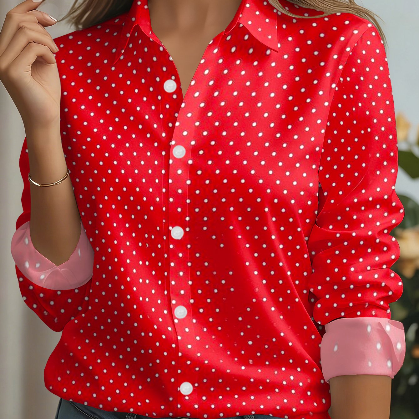 TEMU Women's Red Polka Dot Shirt, White Polka Dots, Button-, Fashionable And Easy