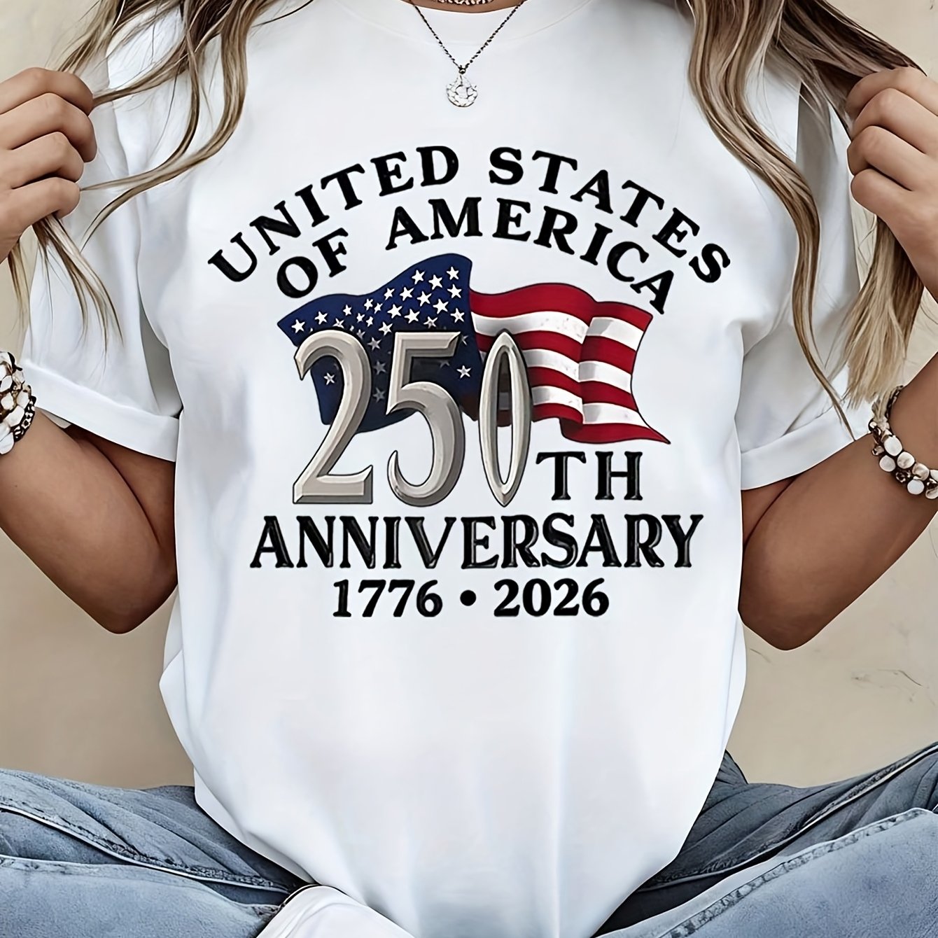 TEMU Women's 's 250th Founding Anniversary - 1776-2026 Day Design, Featuring Flag And The Words "250th Anniversary", A Comfortable And Casual T-shirt, Machine Washable.