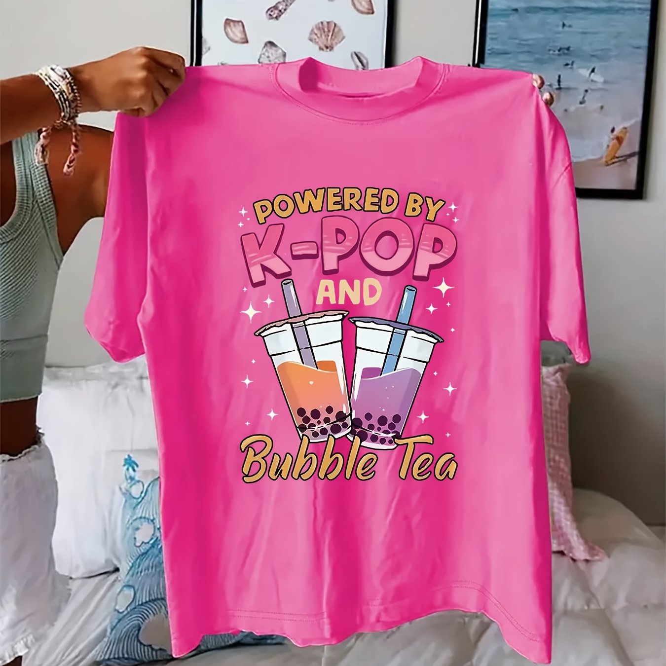 TEMU 1pc K-pop & Tea Women's T-shirt - Casual Crew Neck Polyester Tee, Summer Knit , Regular Length, Food