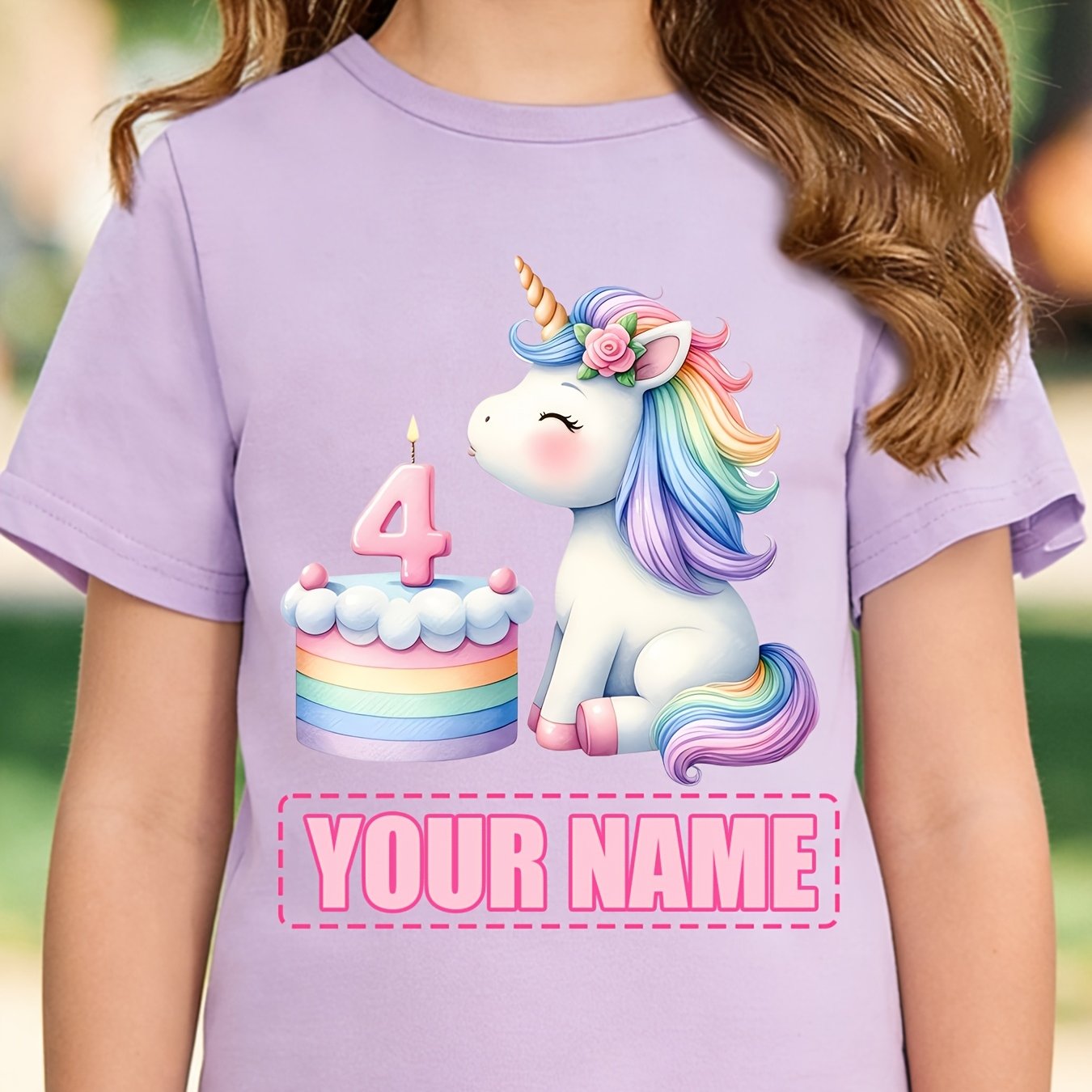 Image of Customizable T-shirt For Girls Featuring A Cute Cartoon Rainbow Unicorn Cake Design With A Personalized Name And A Slogan For A 4th Birthday
