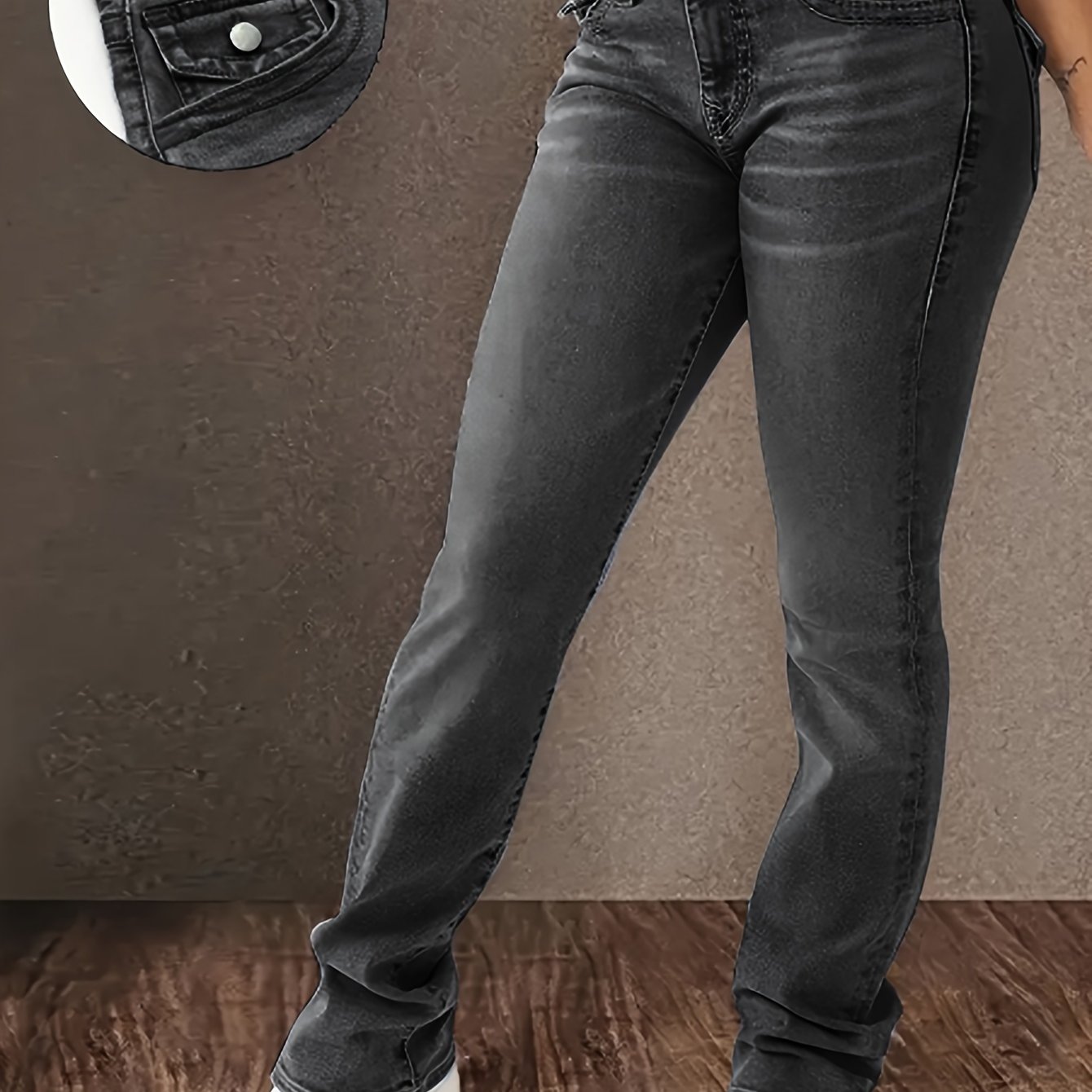 Women's Plus Size Flared Jeans With Baggy Cuff And Double Button Elastic Waistband
