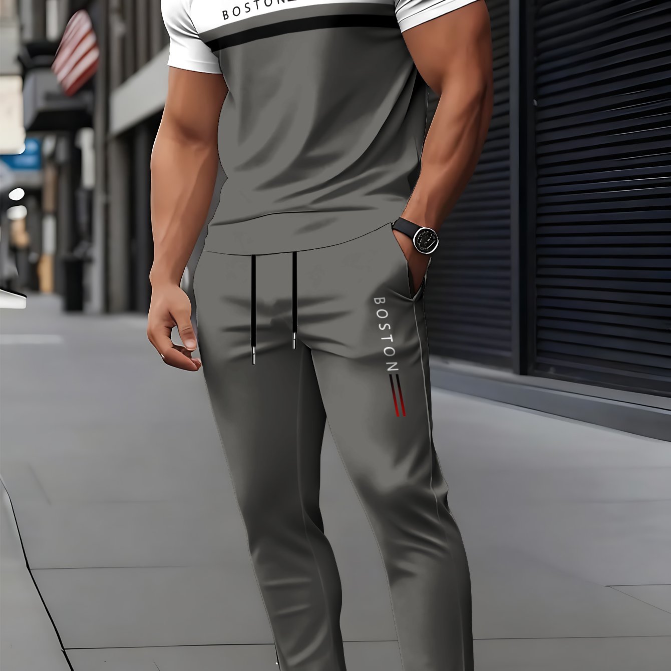 E-shop Herren Kurzarm Rundhals T-Shirt Hose Set mit 3D-Druck, Elegantes Casual Rundhals-Design mit leicht elastischem Strick, geeignet für Indoor-