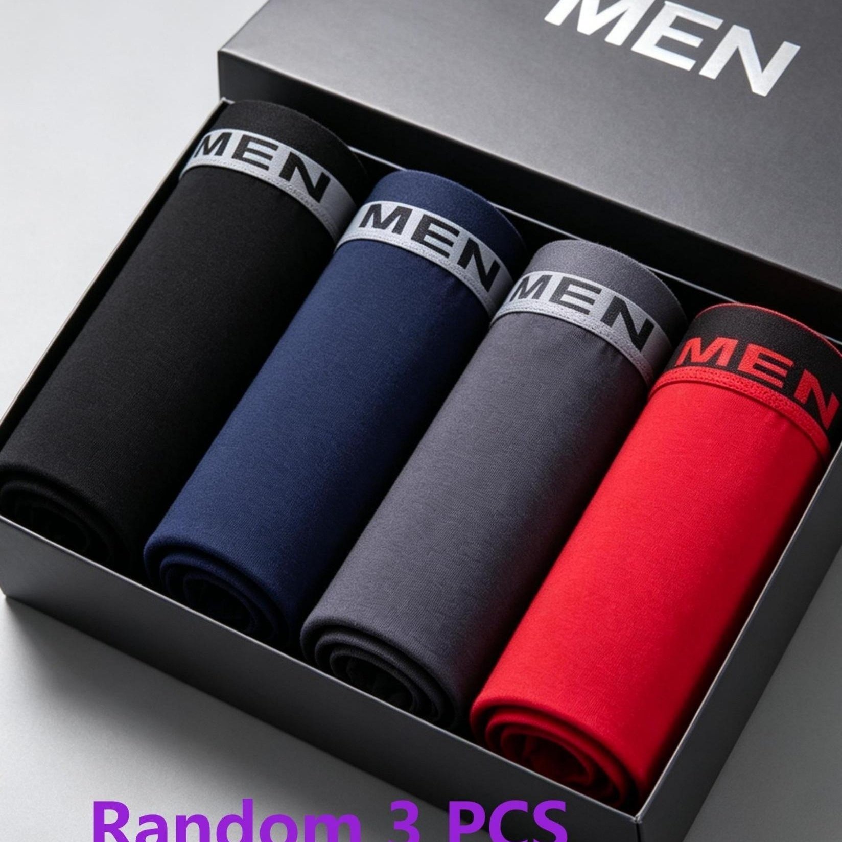 TEMU 3 calzoncillos bóxer para hombre con "Men's", 3 unidades aleatorias, de moda atlética, casuales, transpirables y cómodos, ropa interior elástica