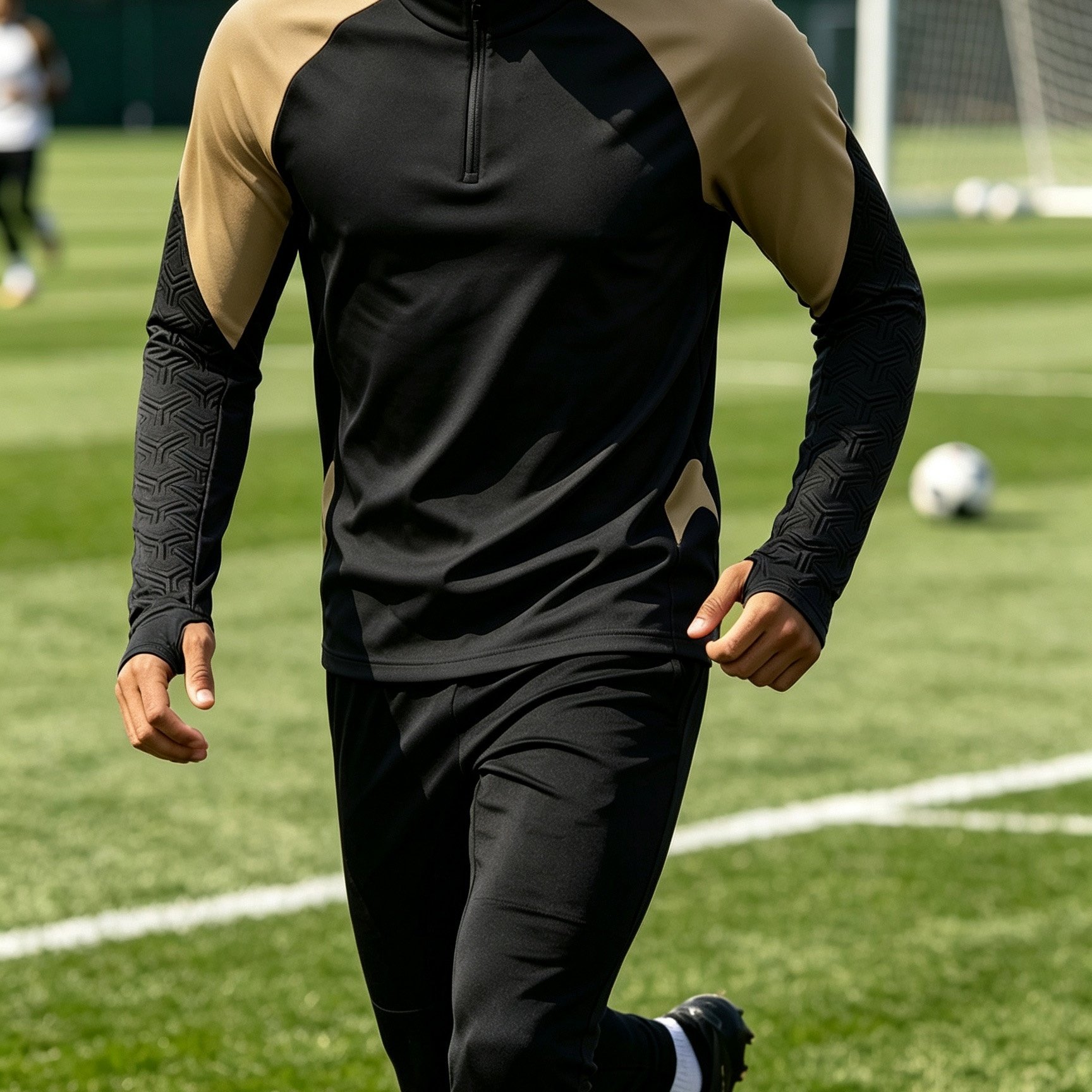 TEMU Men's Color-block Raglan Half-zip Long Sleeve Soccer Training Outdoor Hiking Top With Thumb Cuff Design