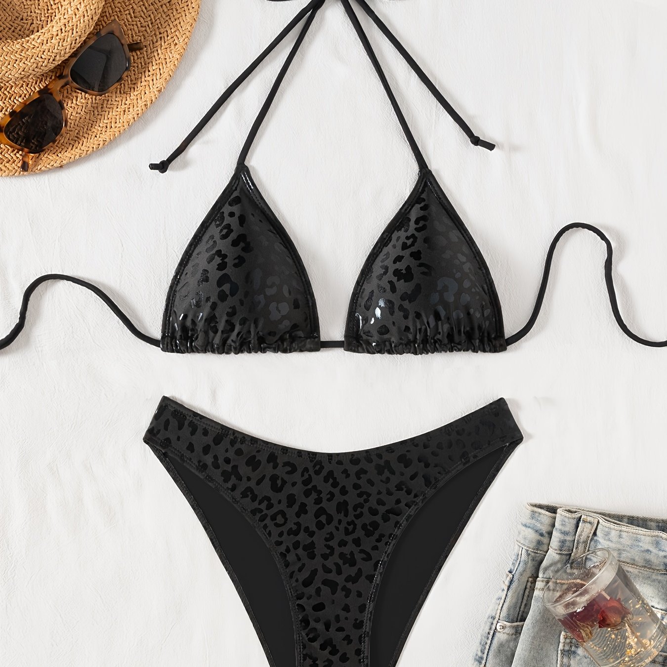 E-shop Sommer Neuheit Modischer Rückenfreier Glänzender Goldfolien-Druck Schwarzer Leopardenprint Damen Bikini-Set