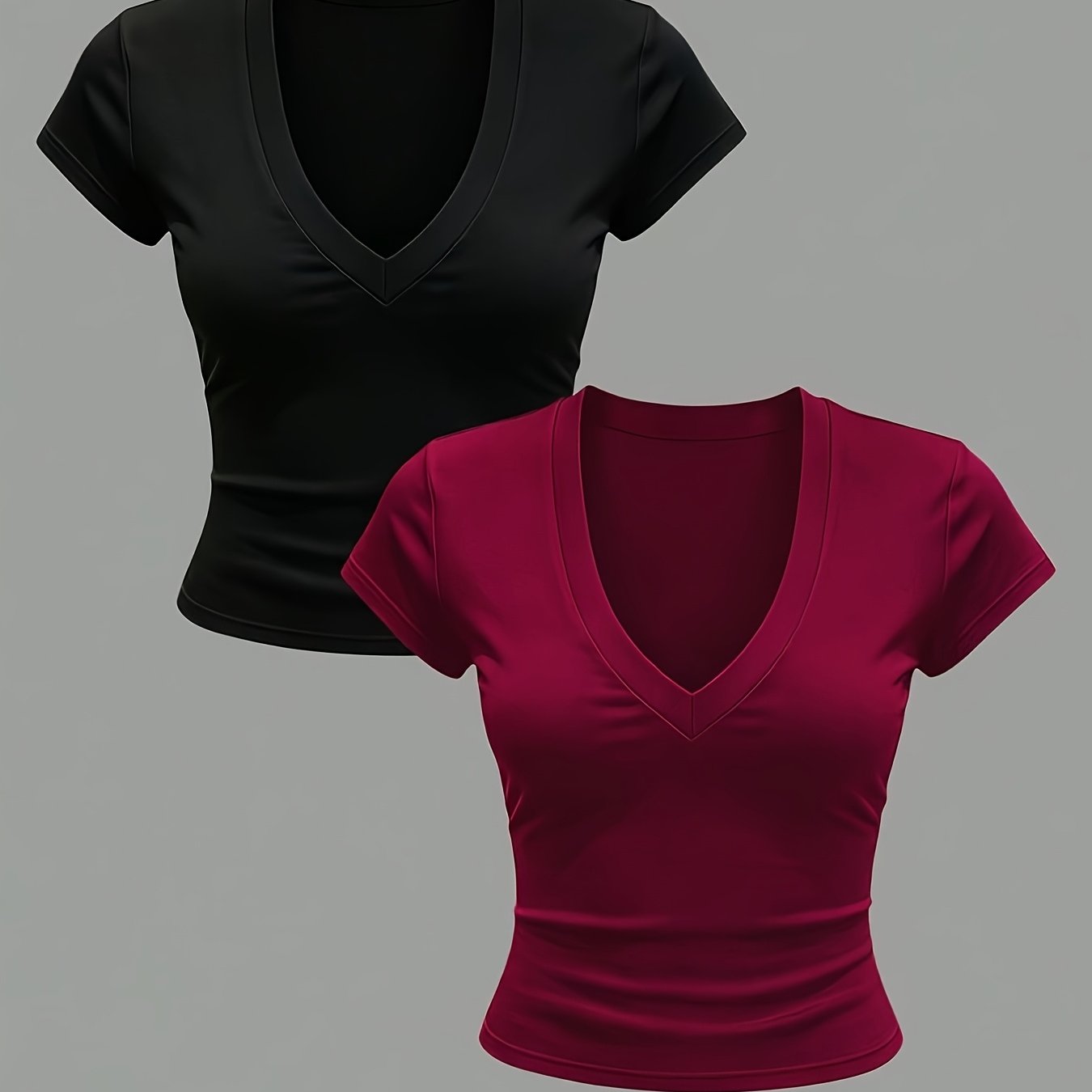 TEMU 2pcs Women's Casual Deep V-neck Solid Color Short Sleeve Slim Fit T-shirt