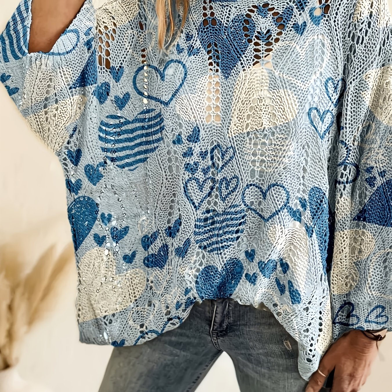 TEMU Haut plat 2D à motif de cœur pour femme, style nouveau printemps/été, pull à une épaule et manches huitièmes ajourées, impression numérique à