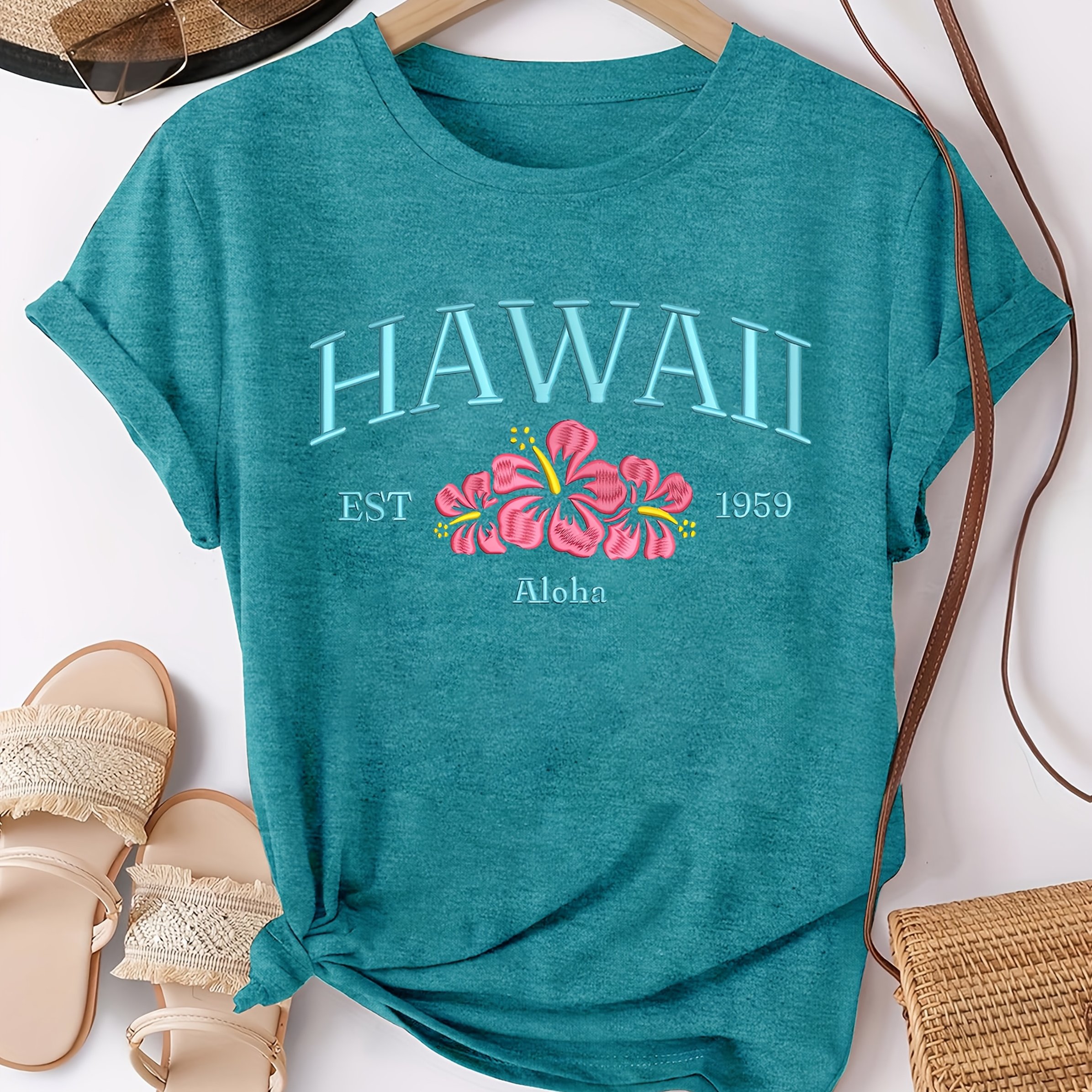 TEMU Vintage Loose-fit Short-sleeve T-shirt With - Alphabet Letter Print - Round Neck Casual Blouse For Casual Attire, Machine Washable & (non-) - In
