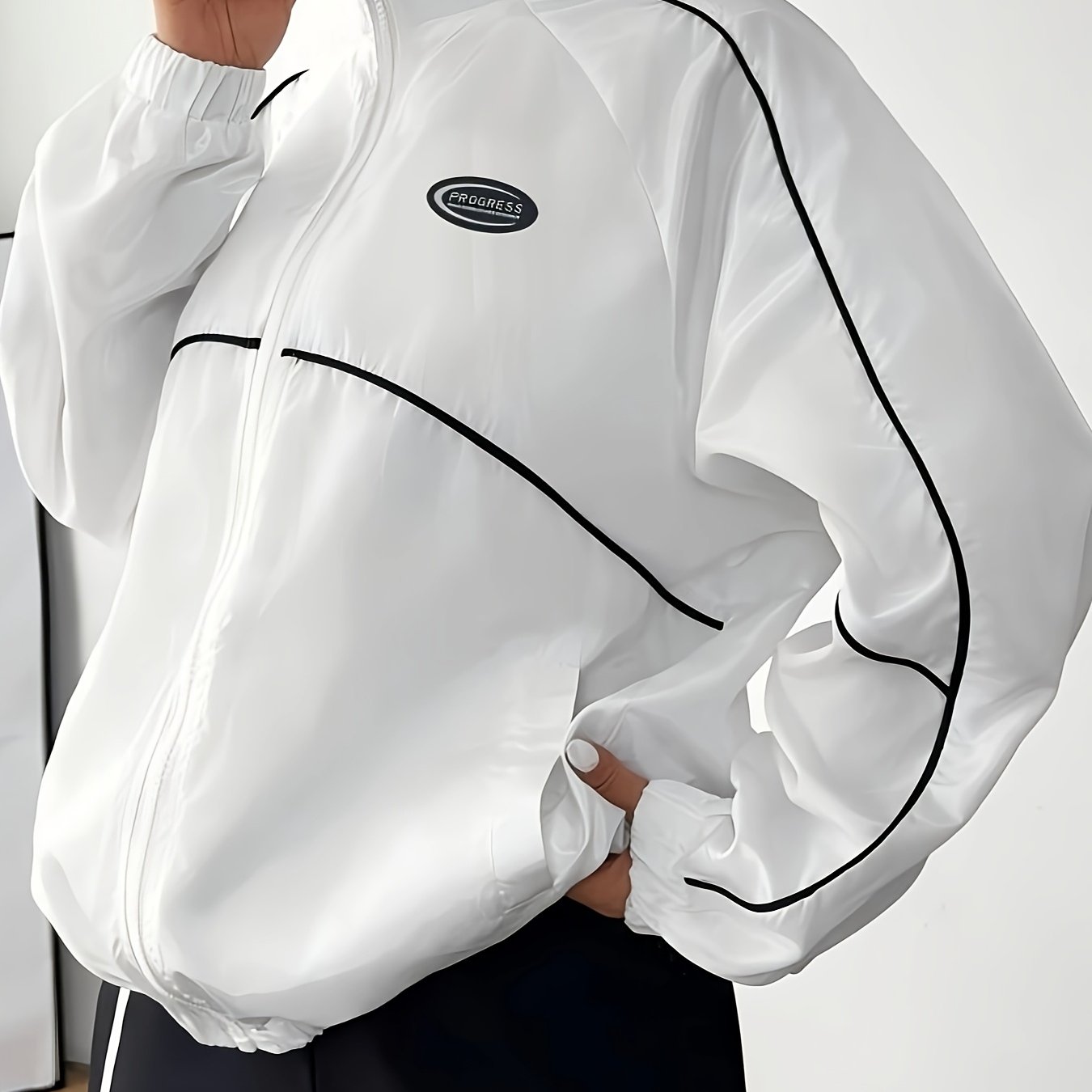 E-shop Damens Casual Jacke – Frühling/Herbst Leichtgewicht Stehkragen mit Reißverschlusstaschen Kontrastdesign Maschinenwaschbar Regular Fit