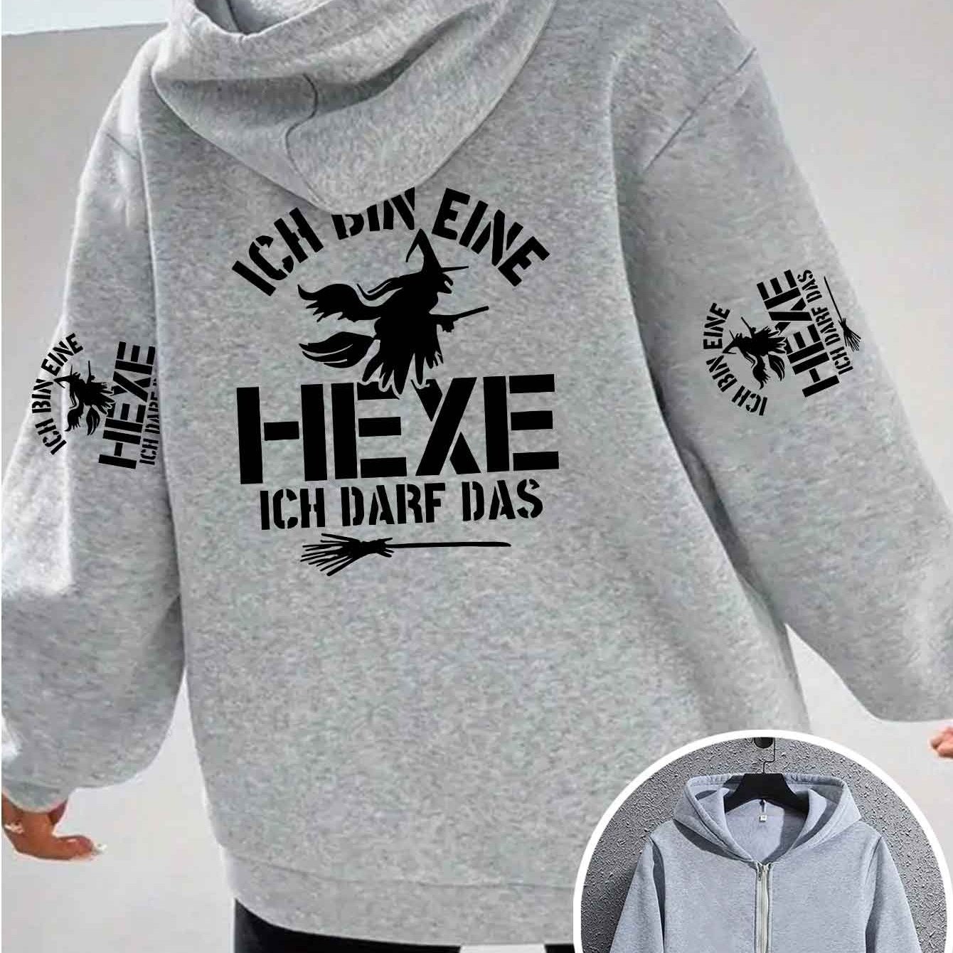 Image of Women's Witch-themed Hooded Sweatshirt - Thick Warm Pullover Hoodie With Witch Lettering & , Cozy Fall Winter Gift Suitable For Casual Outfits, Themed Parties, Witchcraft Apparel