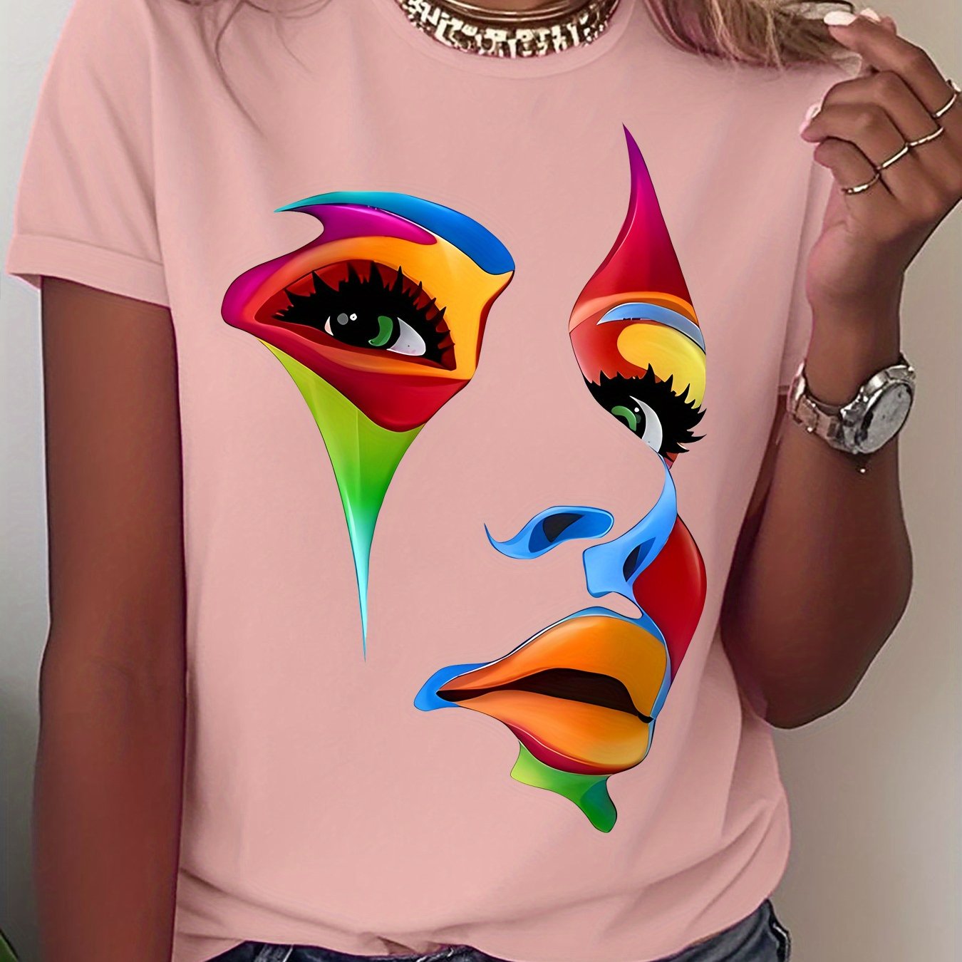 TEMU -piece Summer New Short-sleeve T-shirt - Featuring A Vibrant And Beautiful Abstract Art Face Trendy Print - Elegant Women's Wear, Lightweight