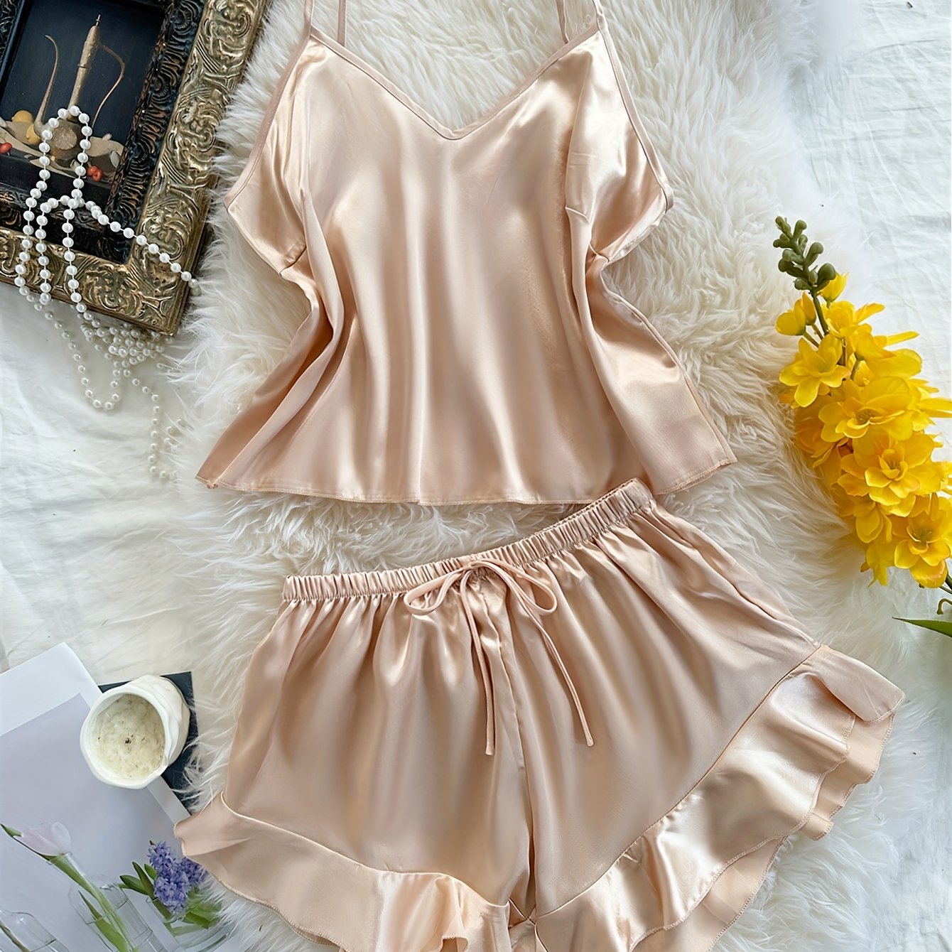 E-shop Vier-Jahreszeiten-Kunststoff-V-Ausschnitt-Camisole-Shorts-Pyjama-Set für Damen, 2-teilig
