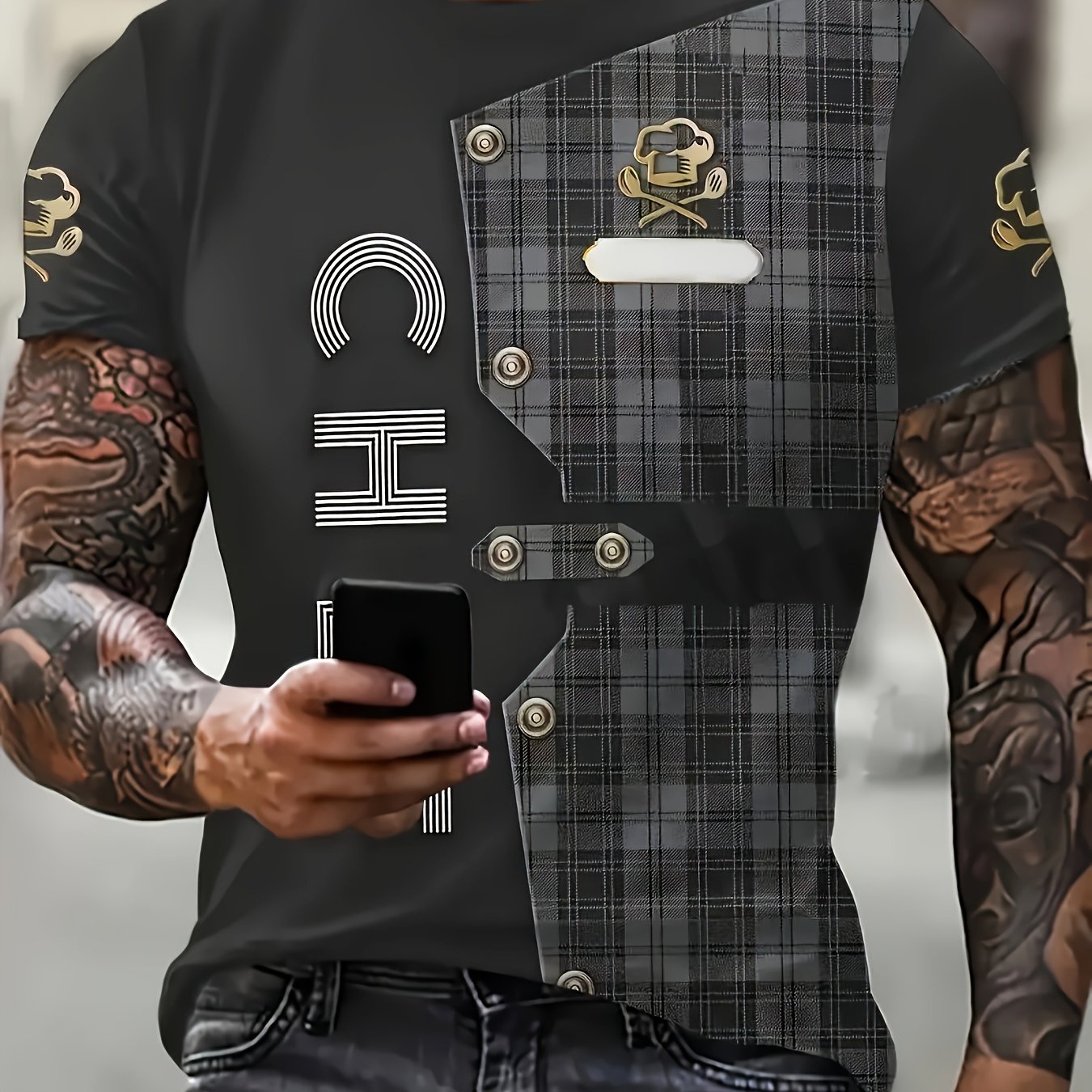 TEMU Printed Pattern Non-3d Sequins Men's Grey Checkered Chef T-shirt - Casual Solid Crew Neck T-shirt Summer Street Style Short-sleeve Printed Shirt