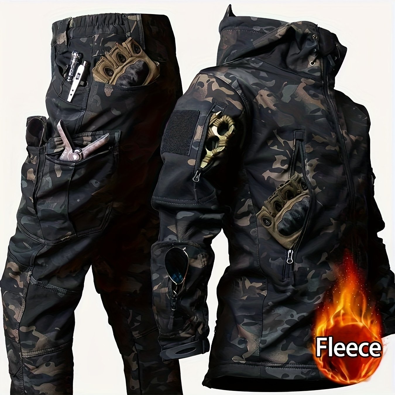 Winter Men's Outdoor 2pcs Multi-pocket Fleece Softshell Jacket And Pants Set, Durable Outdoor Winter Essential Clothing