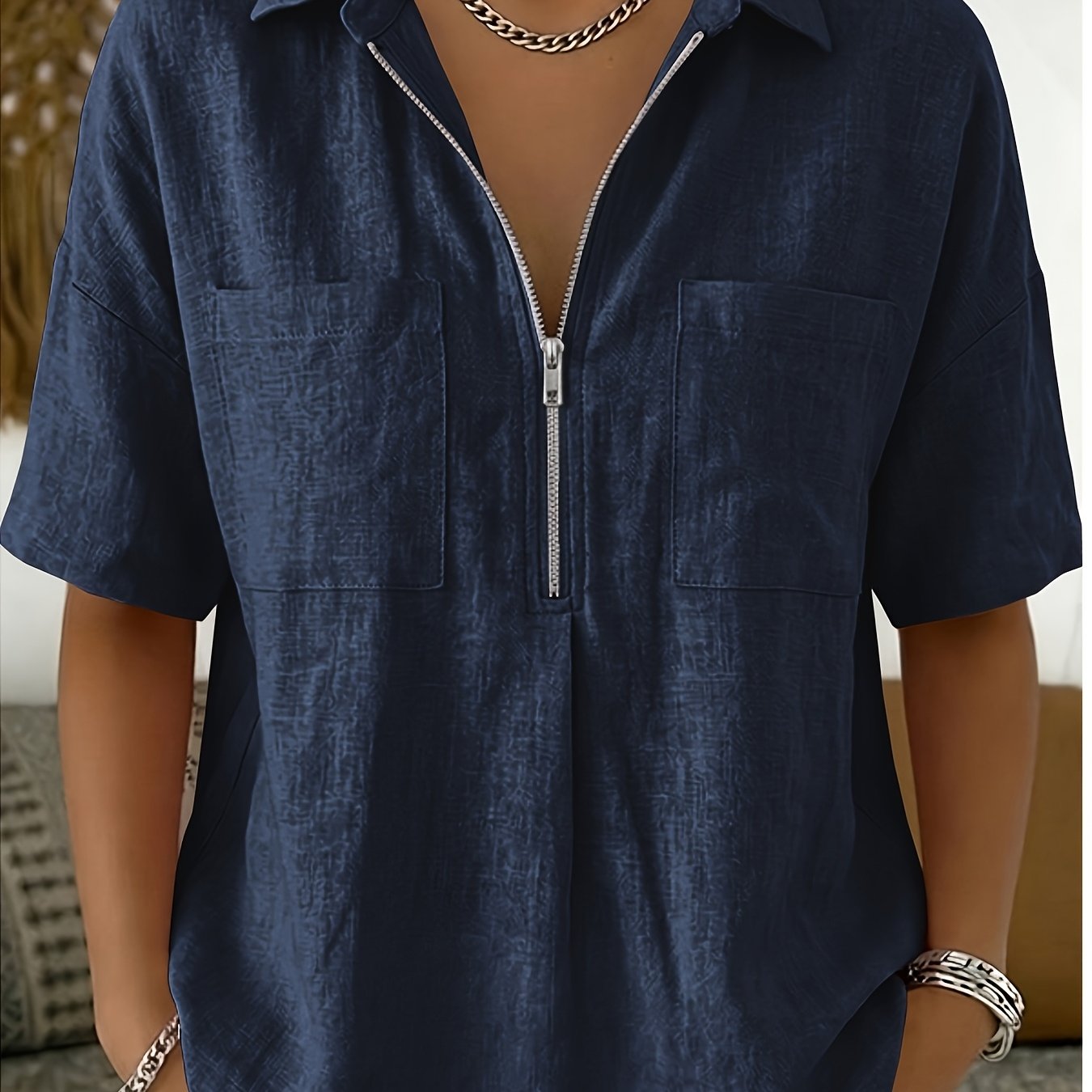 TEMU Chemise Femme Multi-Couleurs en Option, , , Semi-Ouverte, Couleur Unie, Manches Courtes, Toute Adéquate