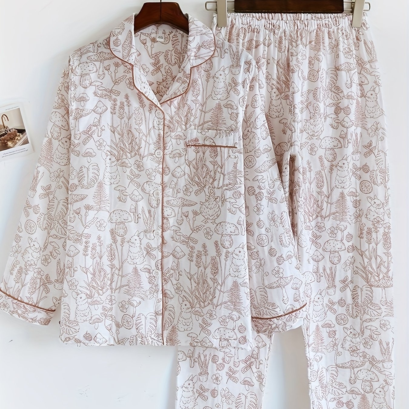 Image of [japanese Pastoral Style] Printed 100% Gauze Women's Set, Thin Long Sleeve Cardigan And Loose Breathable Pajama 2pcs Set