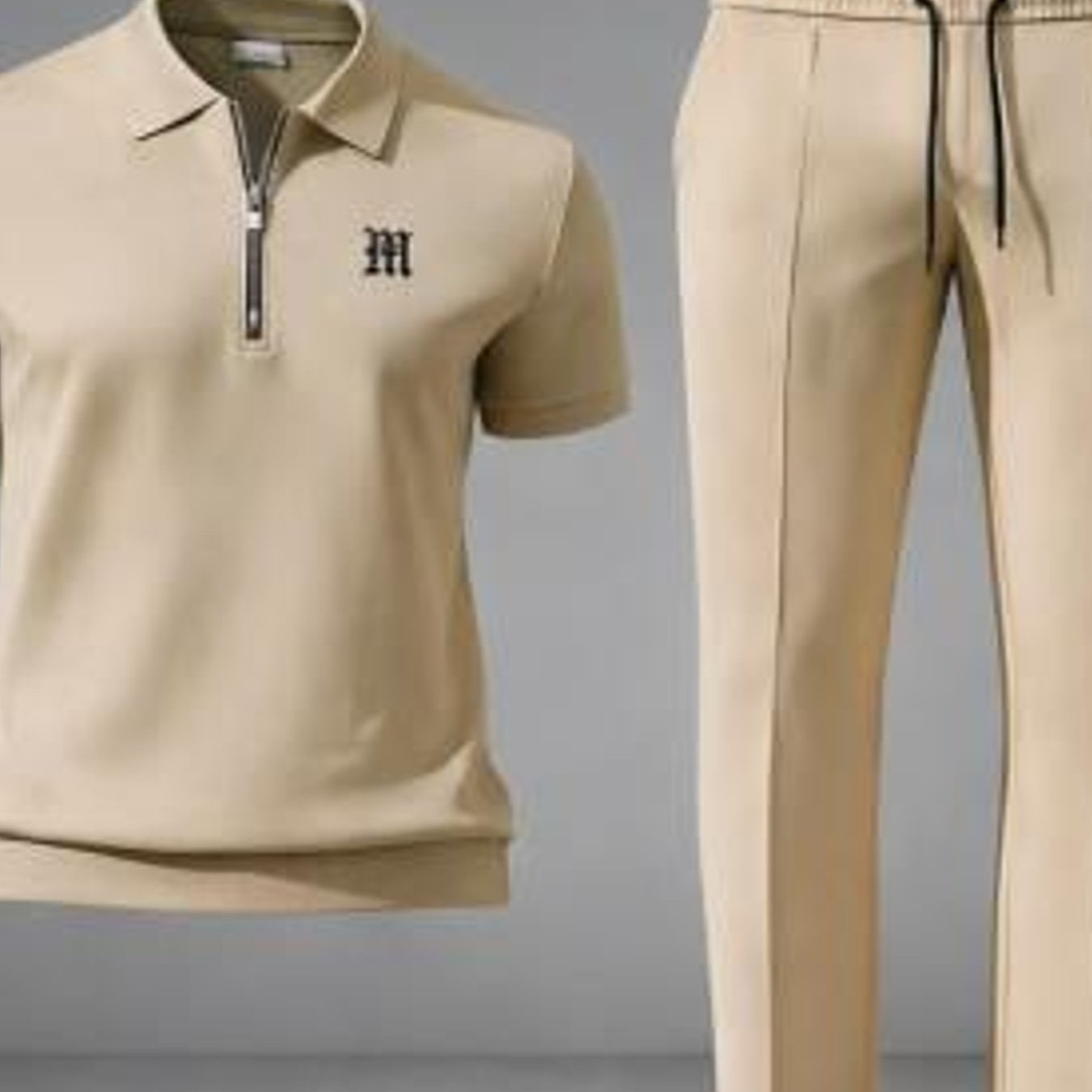Image of Urban Fashion Minimal Stripe Accent Men's Casual Outfit Quarter Zip And Pants 2pcs Set Men's Clothing Trendy Stylish Set Weekend Wear Daily Outfit Birthday Gift For Husband, Plus Size