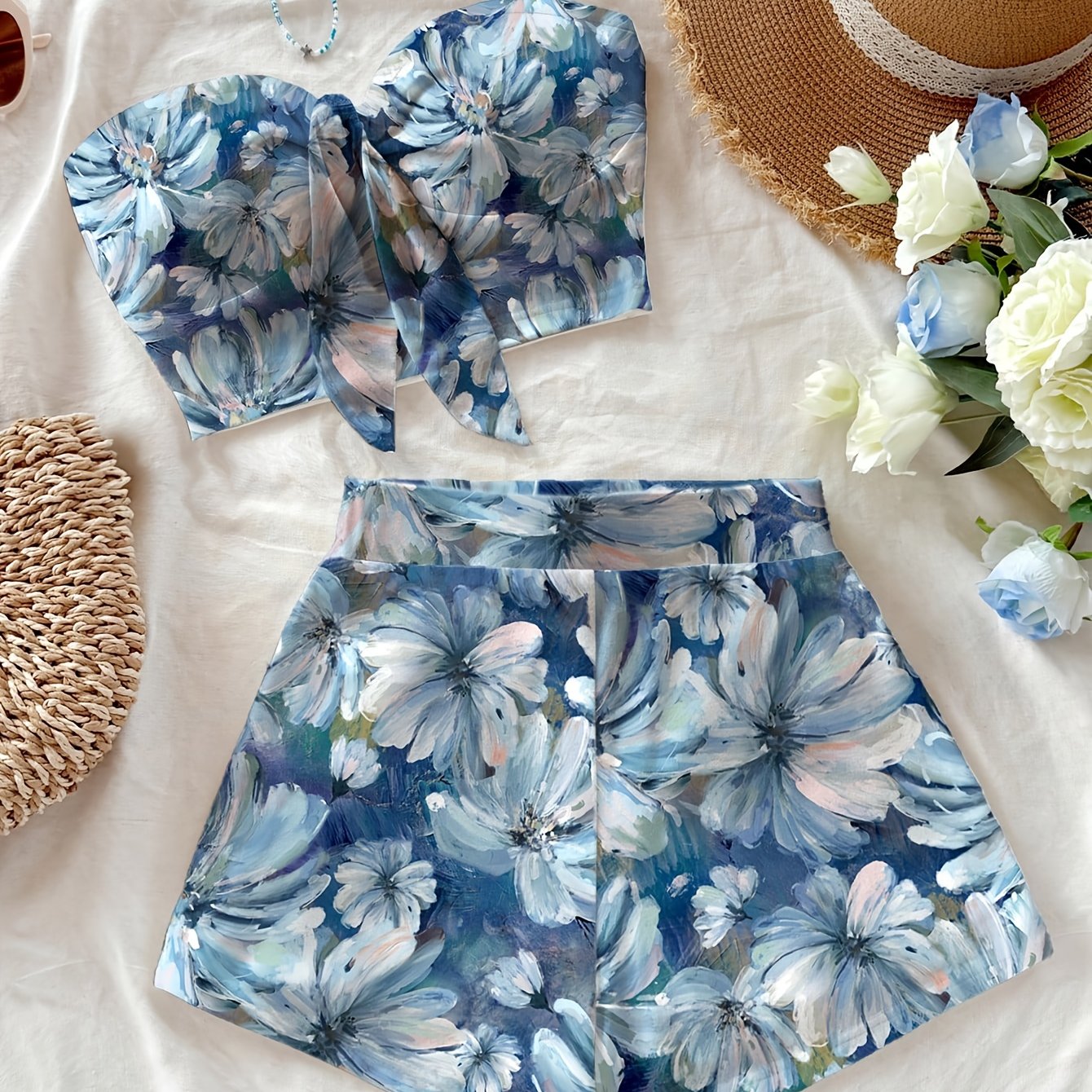 E-shop 2-teiliges Damen-Set mit Blumenmuster, Twist-Front-Bandeau Top Shorts für den Urlaub – ideal zum Ausgehen