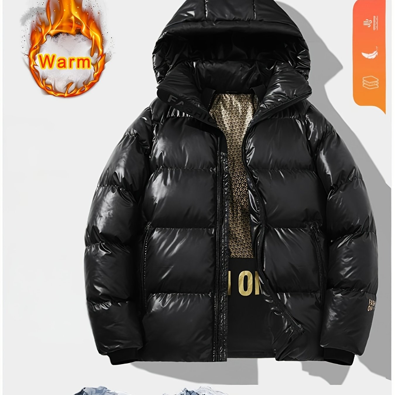 TEMU Men's Winter Loose Fit Thick Hooded Padded Coat, Youth Glossy Trendy Casual Padded Coat, Men's Sports Warm Jacket, Suitable For Outdoor Leisure,