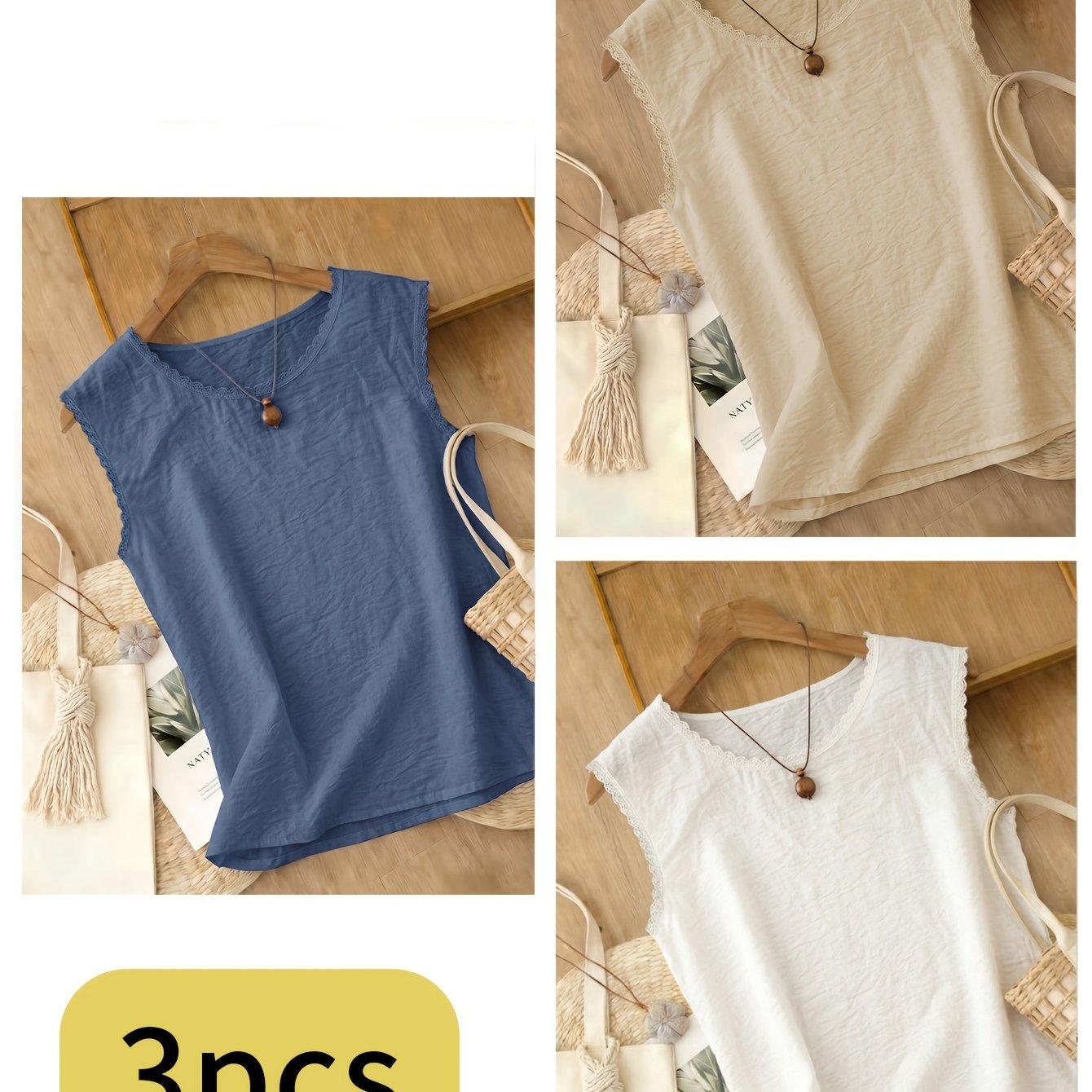TEMU 3pcs Minimalist Solid Texture Round Neck Lace Trim Short Sleeve Women's Loose Versatile Casual Sleeveless 3pcs Set